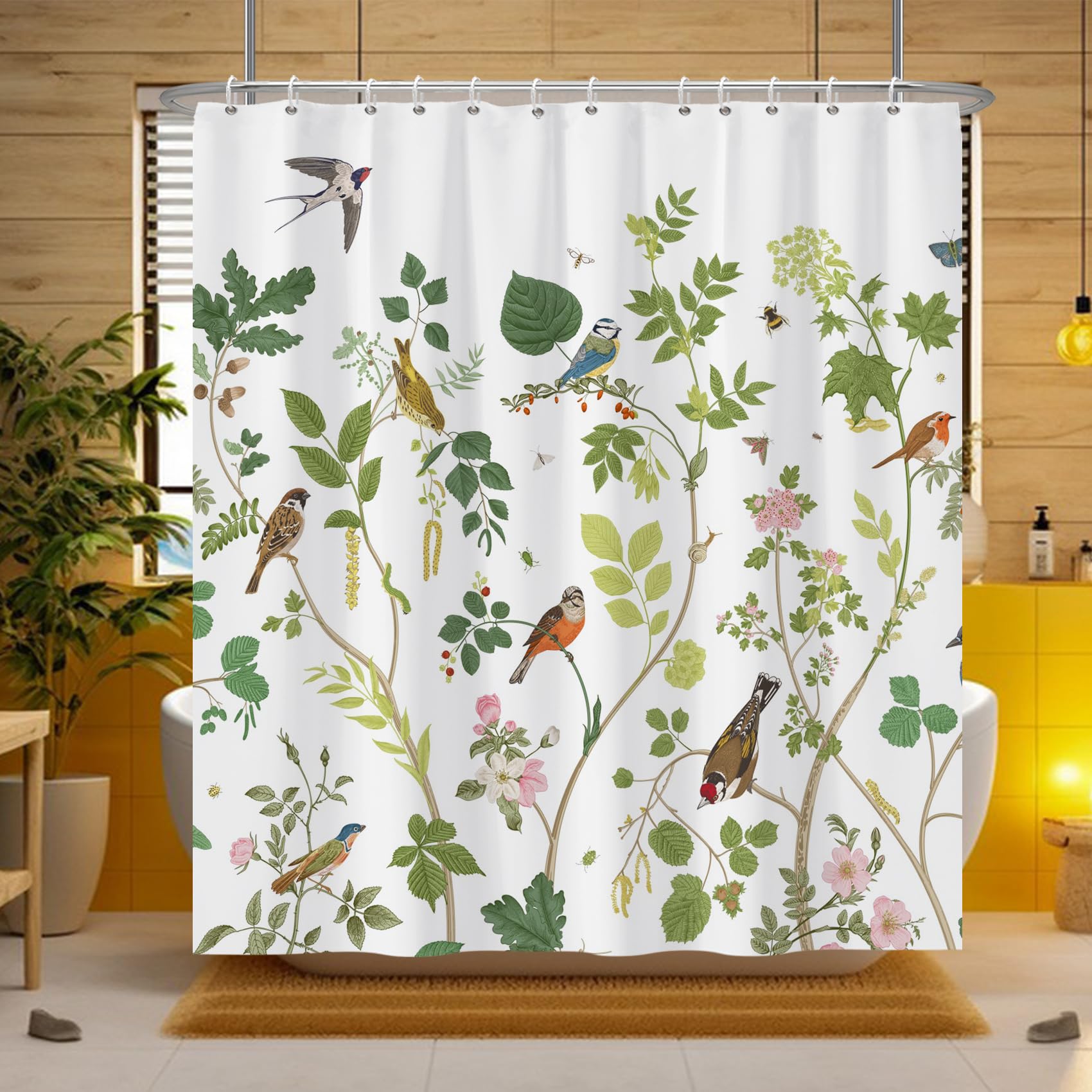 Yanutan Birds With Green Plants Shower Curtain, Animals Green Leaves White Shower Curtain Set For Bathroom, Lively Birds Fabric