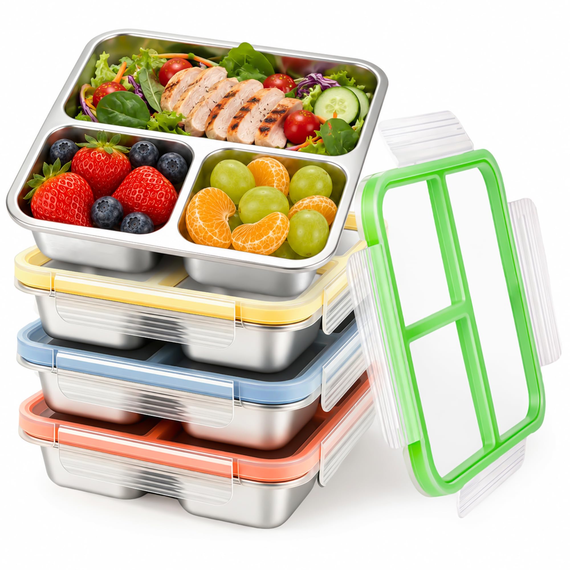 CLWVPCOT 25 oz Stainless Steel Snack Containers, 3Compartment, 4 Pack