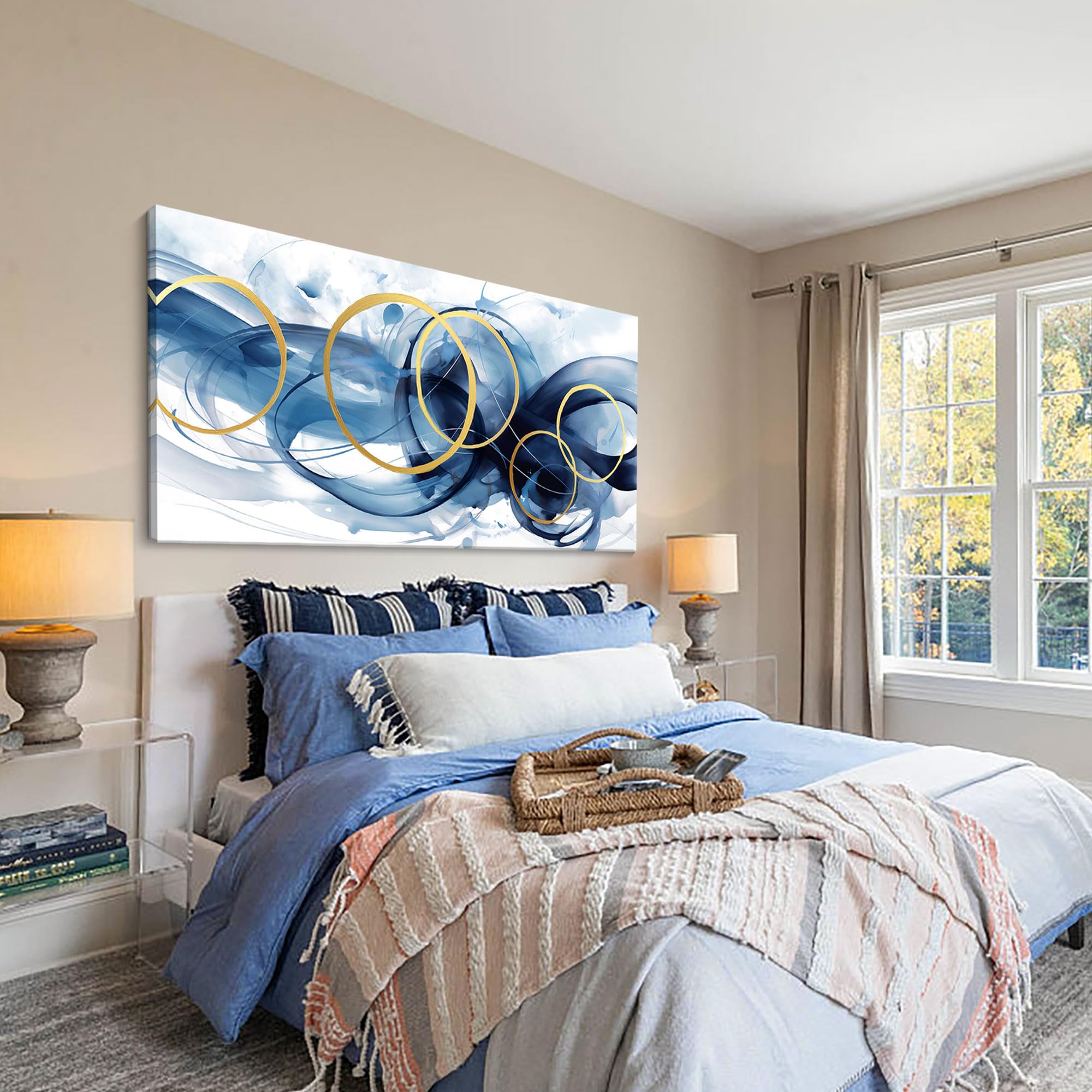 Hkdgoka Abstract Wall Art Living Room - Large Canvas Gold Blue Gradient Canvas Paintings Wall Artwork Modern Office Bedroom Pict