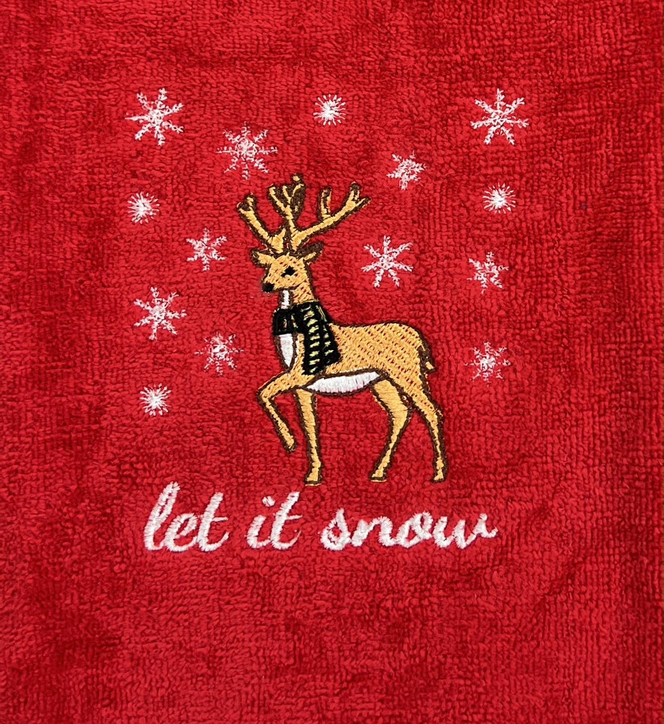 Serafina Home Holiday Christmas Guest Hand Towels: Country Farmhouse Red Terrycloth Towels With Reindeer Let It Snow Embroidered
