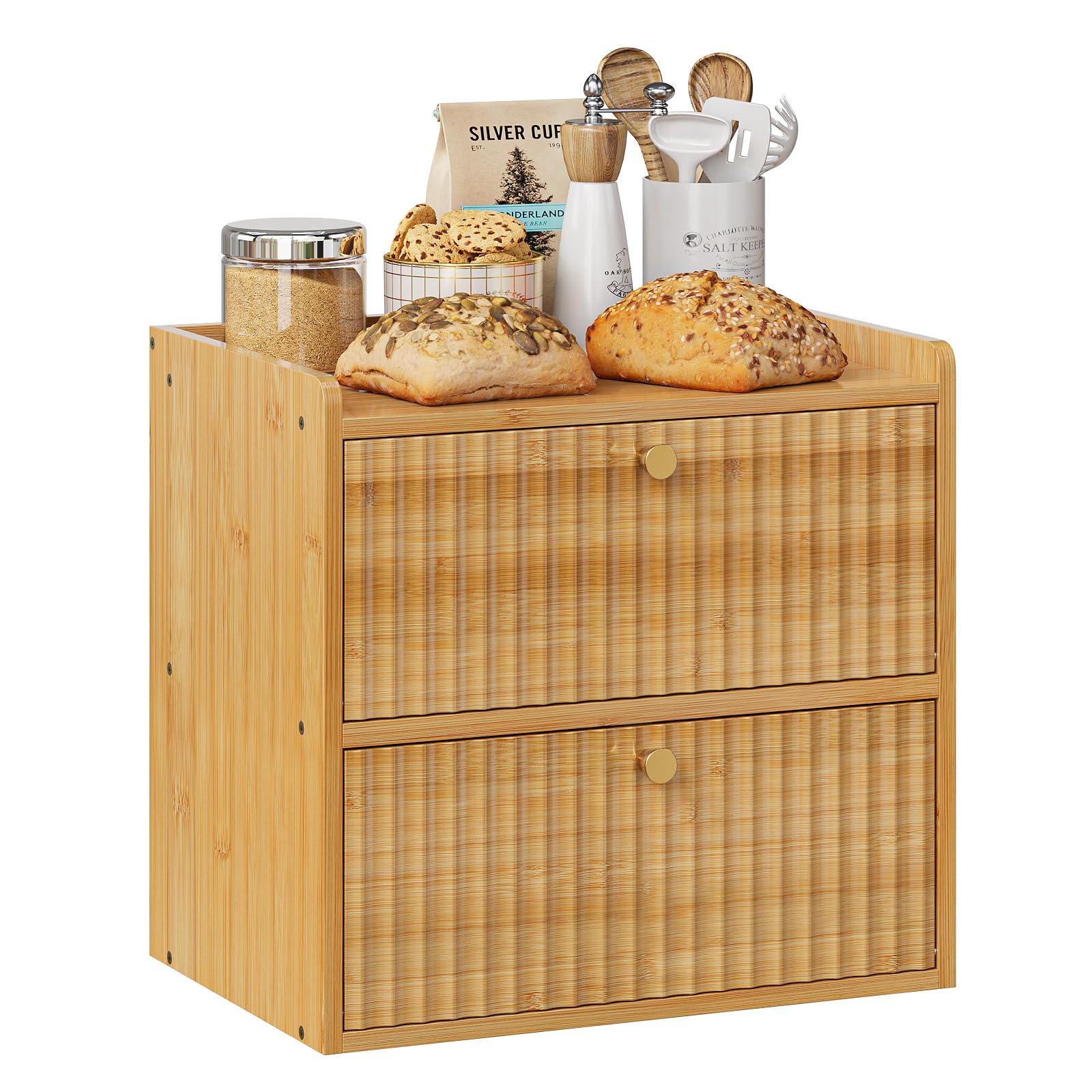 Trironsun Rustic Bread Box for Kitchen Countertop Bamboo Bread Storage Container Bin Double Layer BreadBox Farmhouse Large Capac