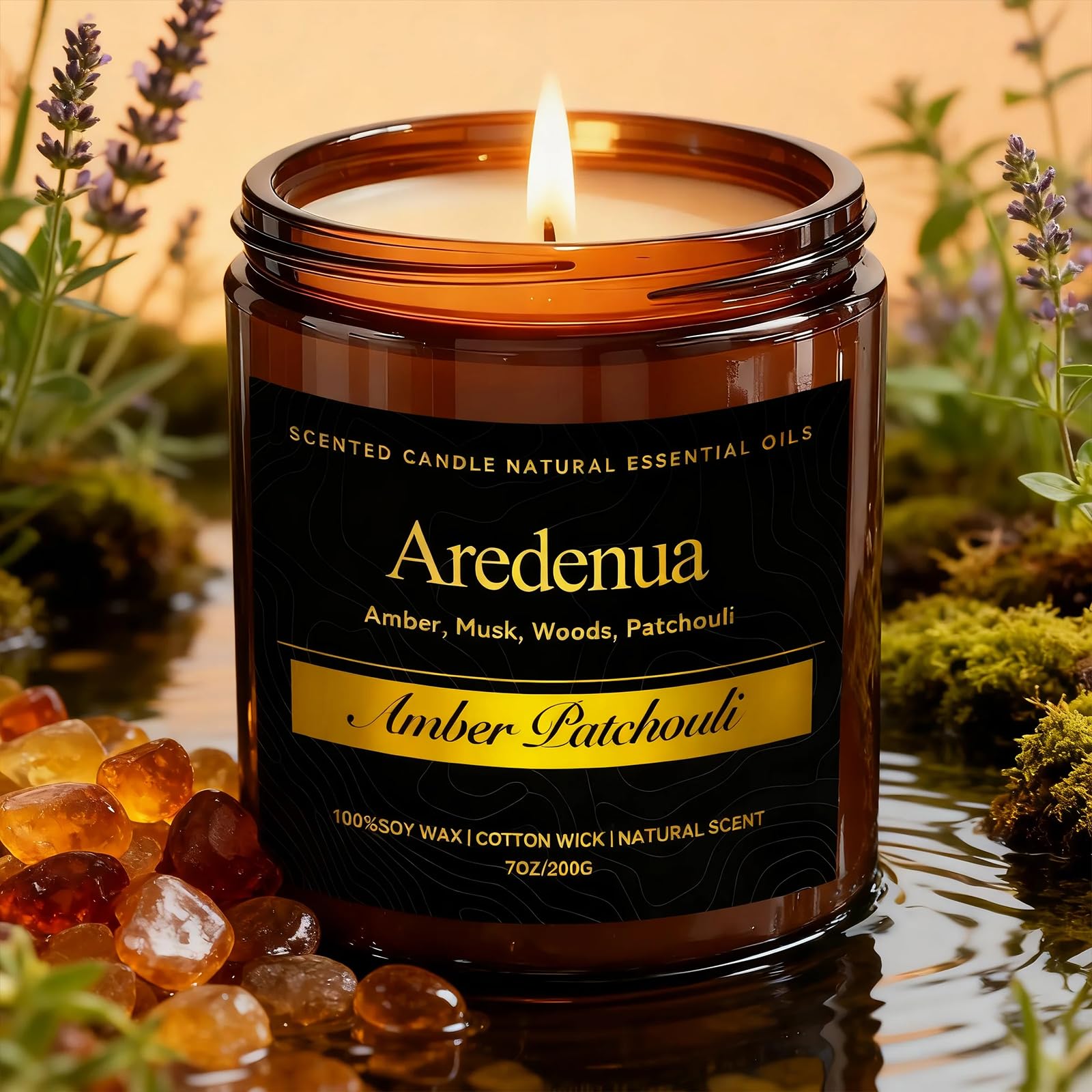 Amber Patchouli Candle - Masculine Candles for Men, Soy Candles with Warm Amber & Earthy Patchouli Aroma, Long Lasting Manly Sce