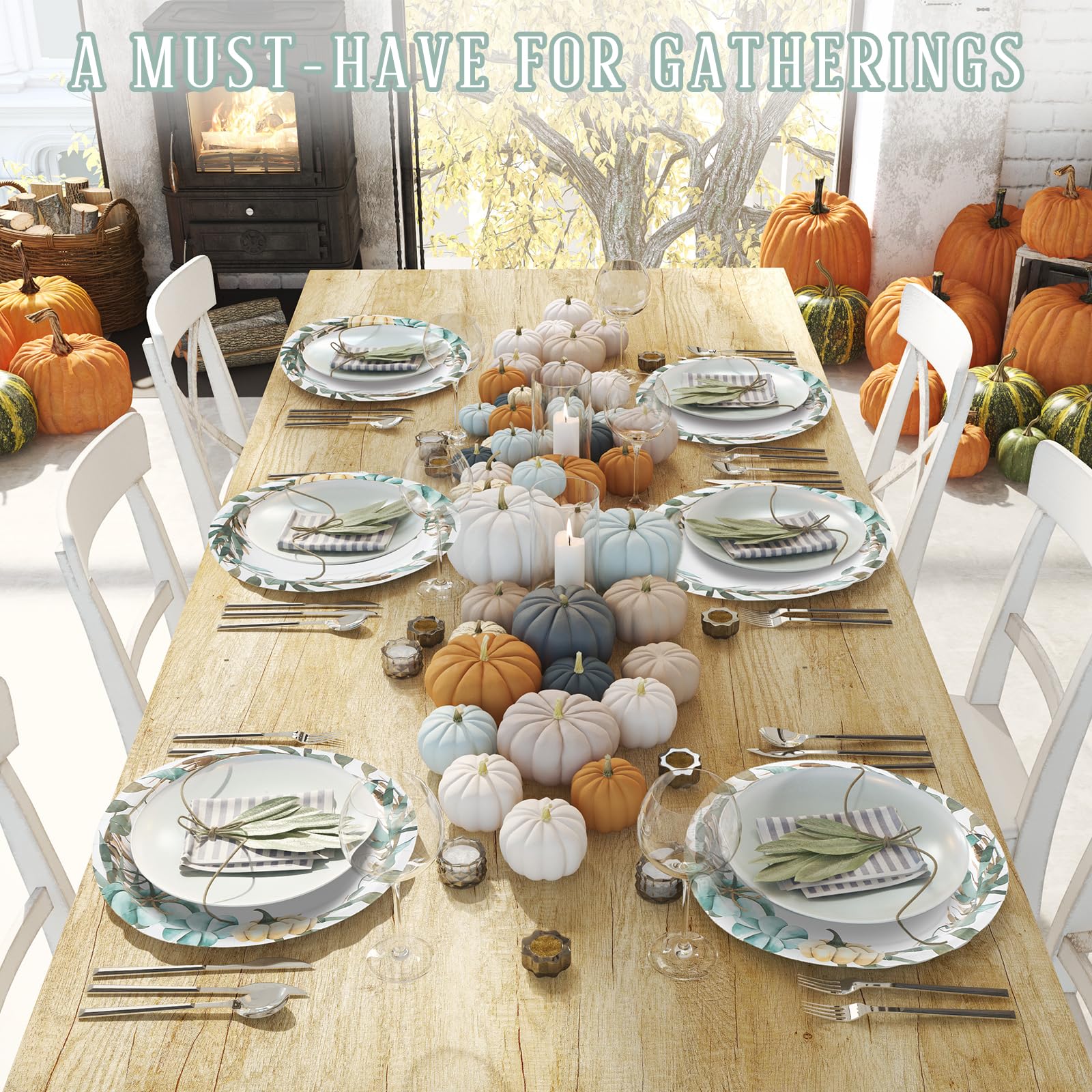 Suttmin 100 Pcs Thanksgiving Oval Paper Plates 10 x 12 Disposable Fall Blue Pumpkin Dinner Plates Dinnerware Tray Thanksgiving P