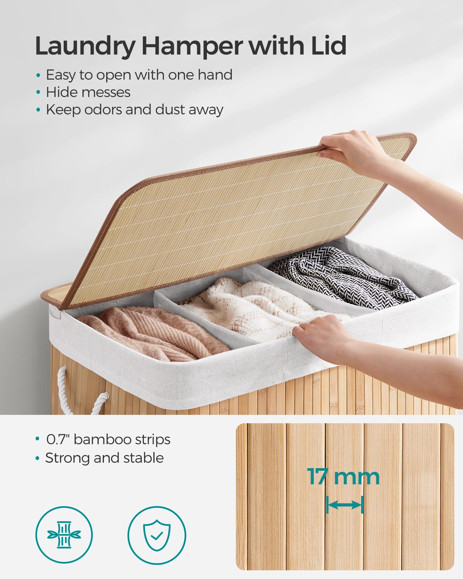 Songmics Laundry Hamper, 39.6 Gallons (150L), 3-Section Laundry Basket, Laundry Hamper With Lid, Bamboo, Foldable, Removable And