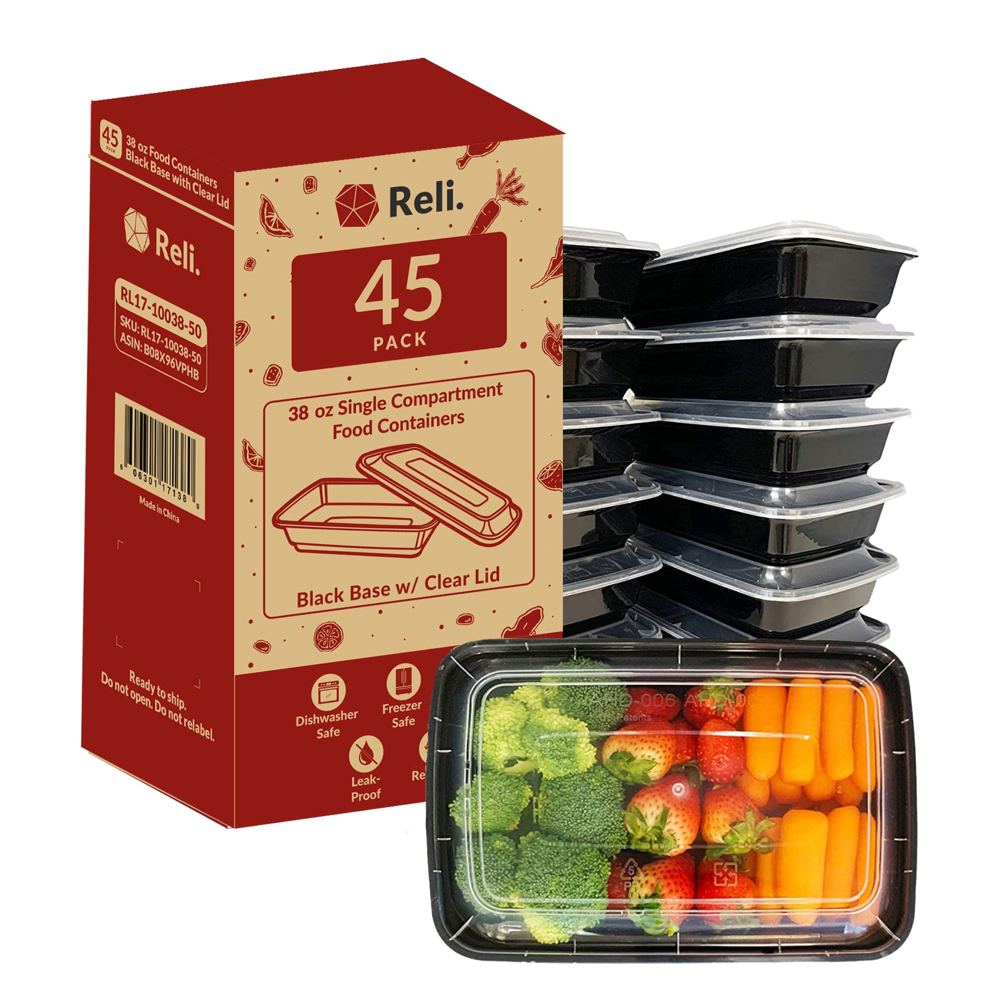 Reli. Meal Prep Containers, 38 Oz. | 45 Pack | Large 1 Compartment Food Container W/Clear Lids | Microwavable Food Storage Conta