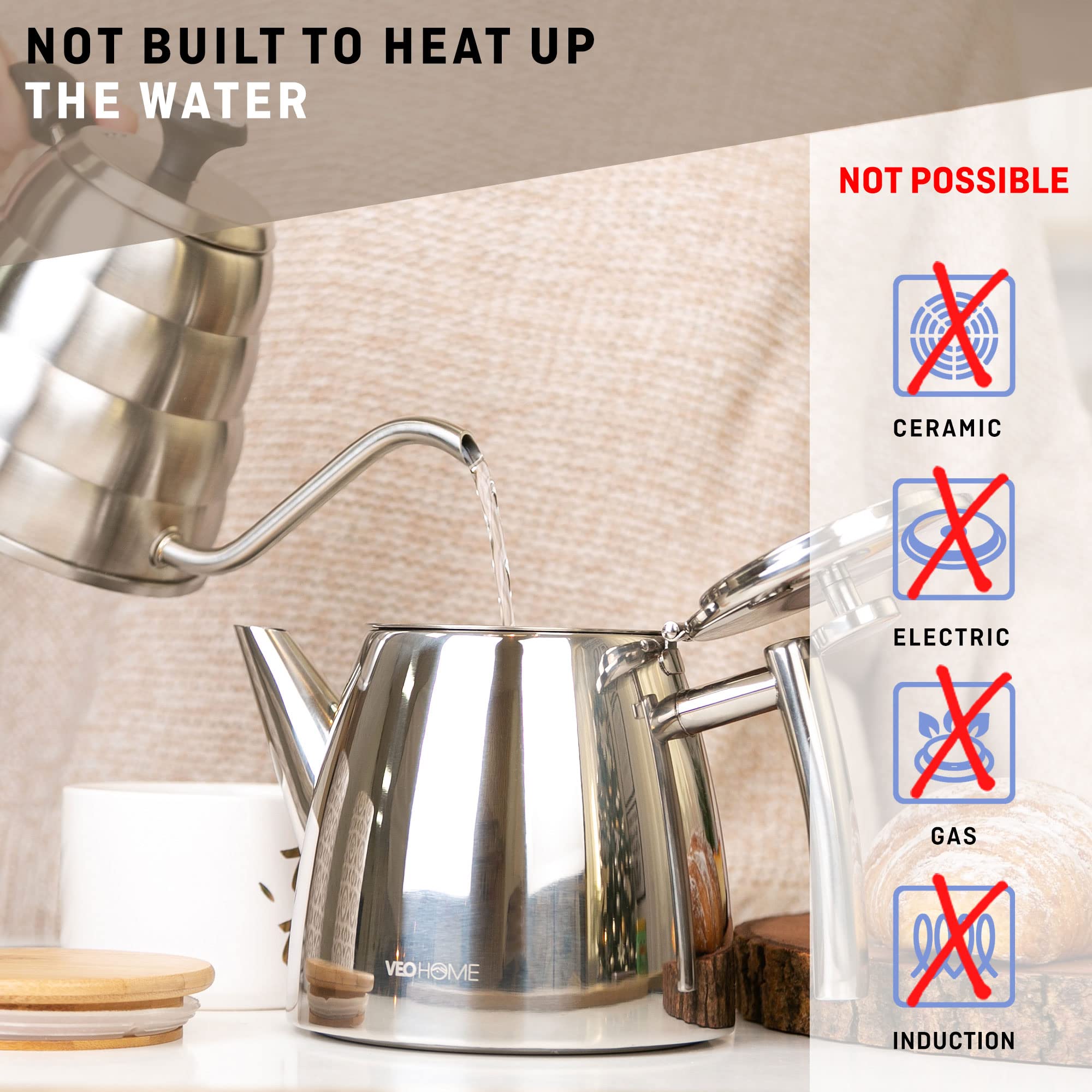 Veohome Stainless Steel Tea Pot With Infuser - Keeps Heat Thanks To Its Double Wall, Silver (1 Liter (34 Oz))