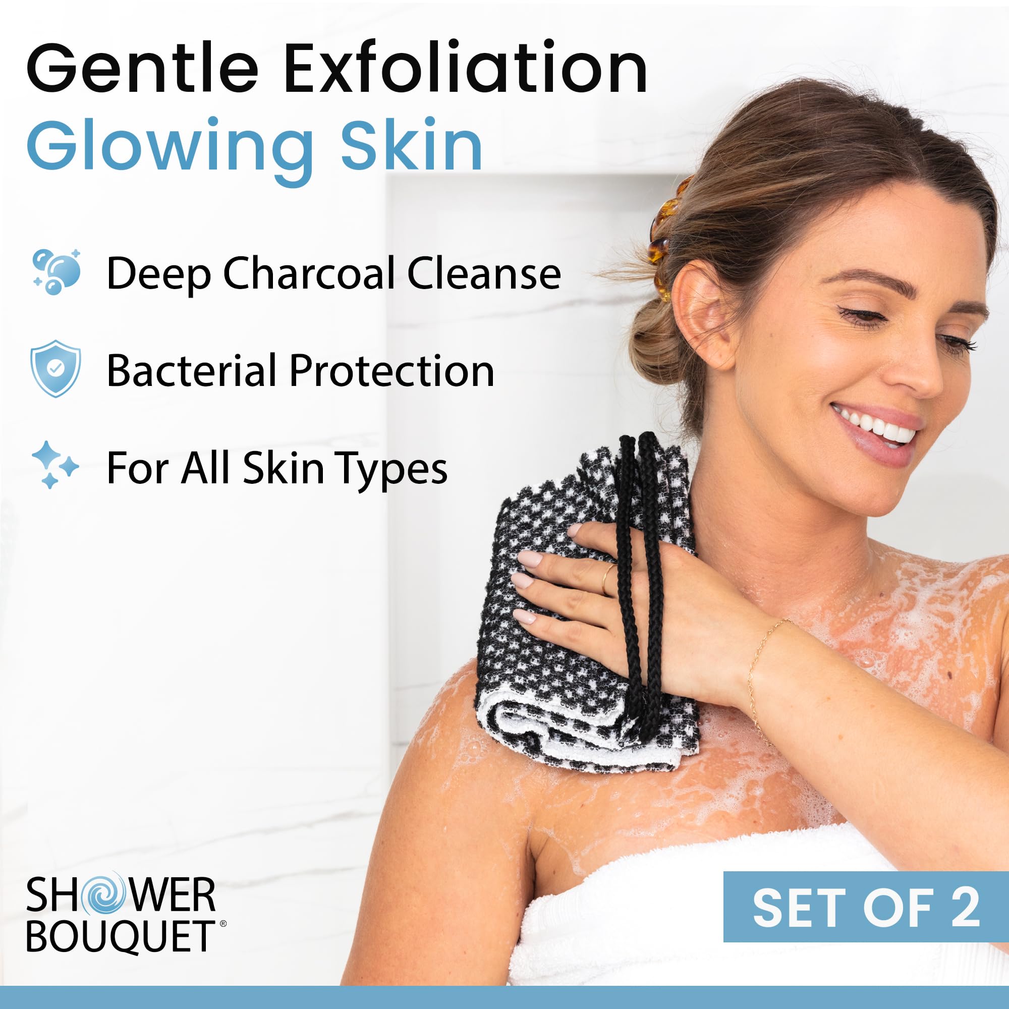 Japanese Exfoliating Washcloth For Back & Body 2-Pack - Charcoal & Silver Ion Exfoliating Towel With Handles - Two-Sided Gentle
