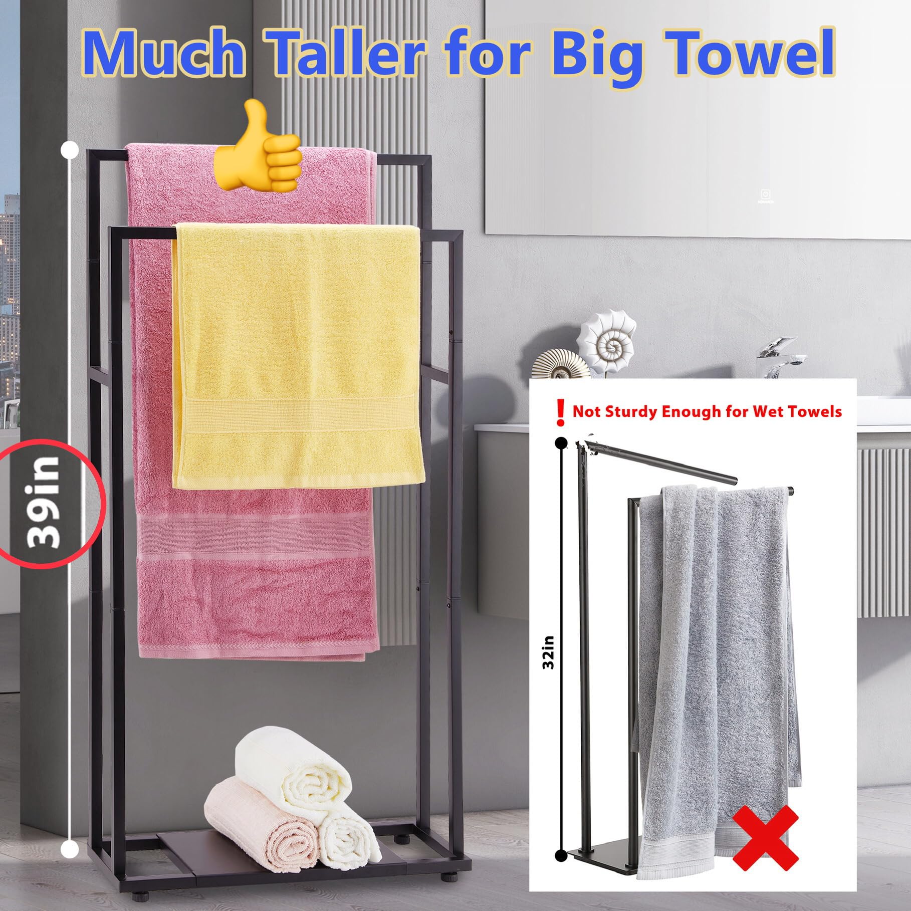 Standing Towel Racks For Bathroom, 39'' Tall 2 Tier Bathroom Towel Stand With Storage Shelves, Modern Standing Pool Drying And D