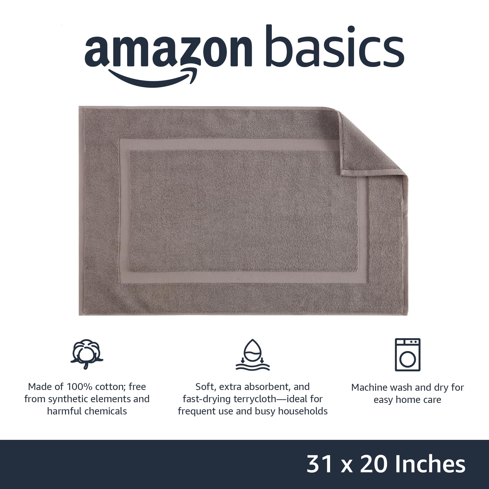 Amazon Basics Banded Bathroom Bath Rug Mat, Light Gray, 31 Inches L X 20 Inches W