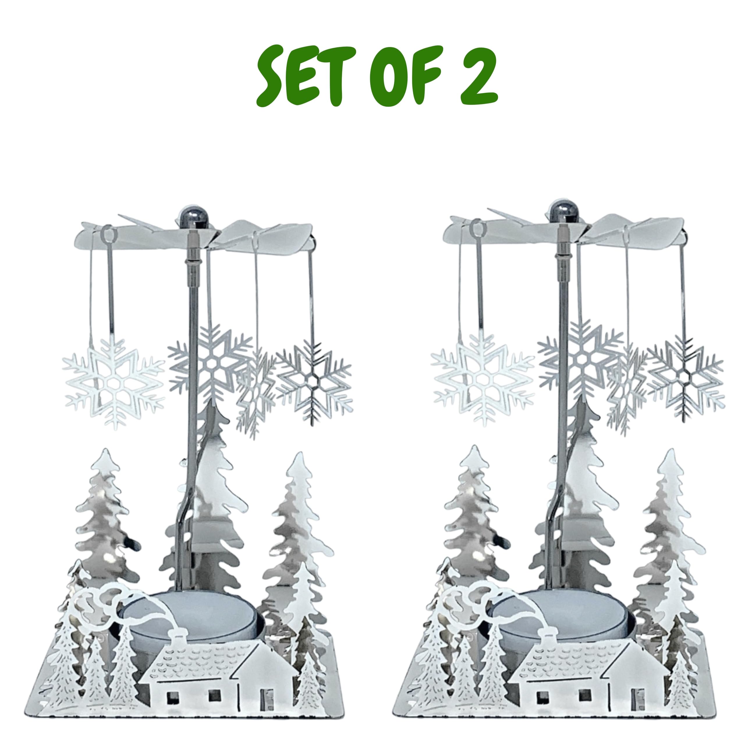 Winter Cabin Holiday Silver Candle Spinners - Silver Plated Laser Cut Winter Scene Cabin Trees Design with Snowflake Charms - Te