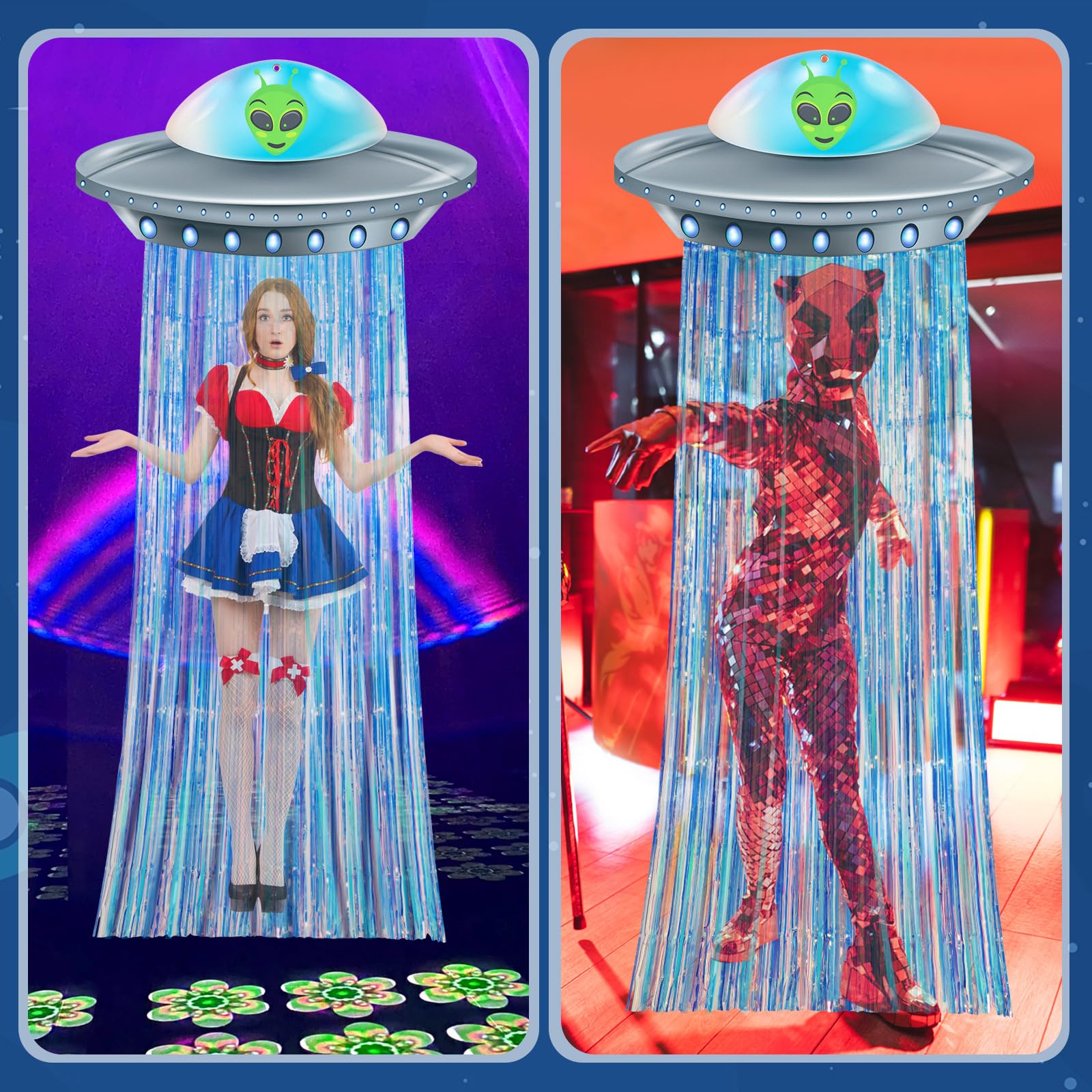 Simgoing Alien Birthday Party Decorations Door Curtain with Foil Fringe Tinsel Spacecraft Flying Saucer Spaceship Hanging Banner