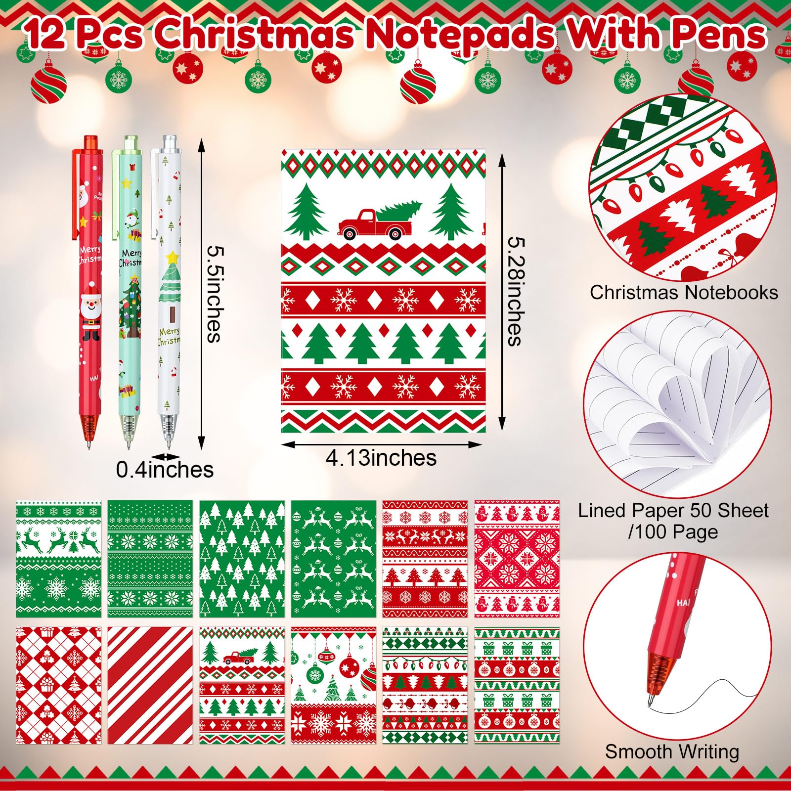 Skylety 12 Set Christmas Gifts Bulk 16 oz Red and Green Glass Cups with Lids Straws Xmas Notebook Sticky Note Pens for Employee