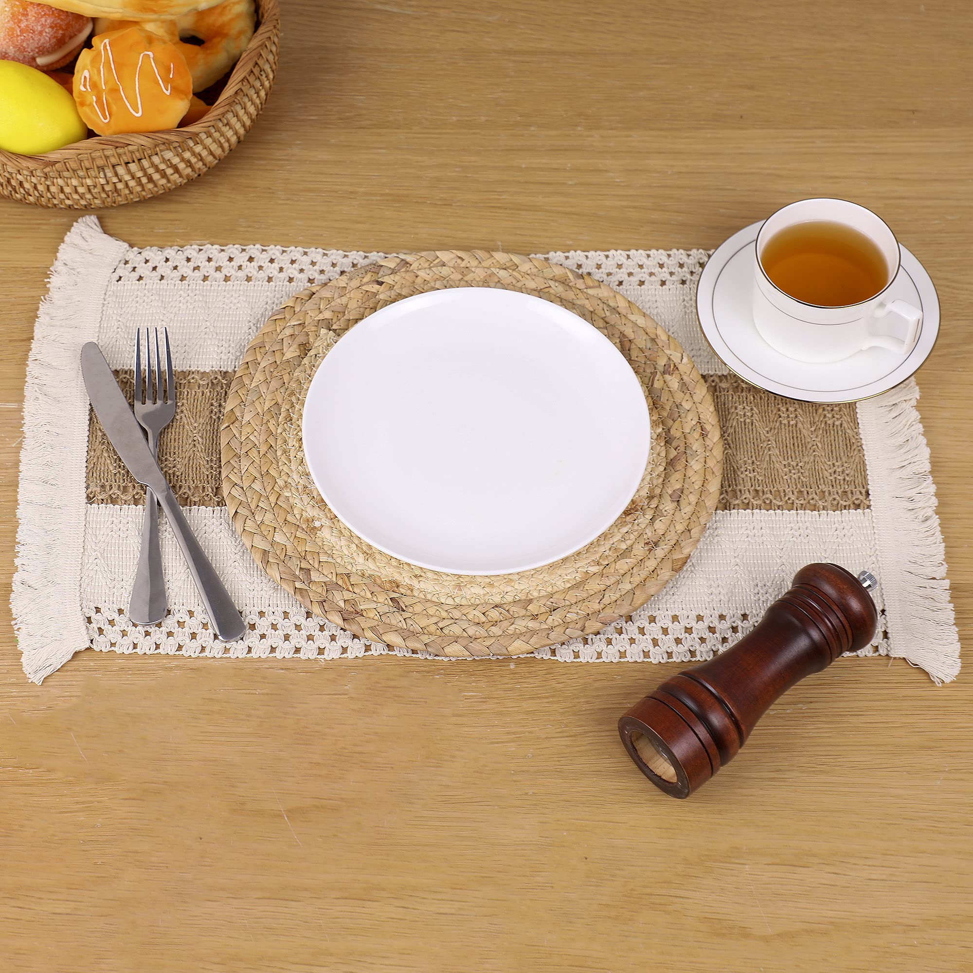 Zology Handmade Boho Placemats Set of 6 - Natural Cotton Burlap and Water Straw Woven Combination Table Mats  Macrame D?cor and Farmhouse Style Placemats  for Dining Table Kitchen