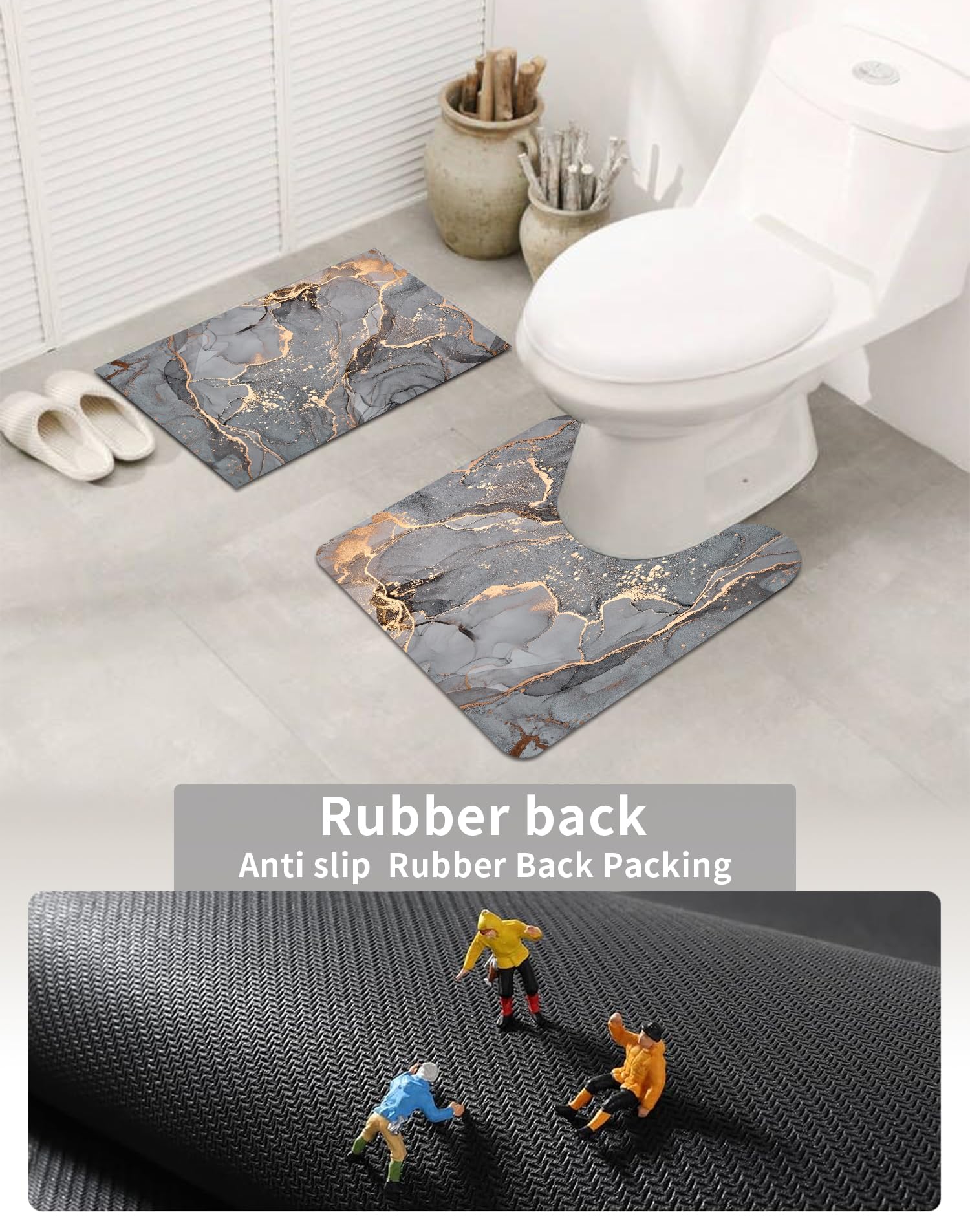 Grey Gold Marble Bathroom Mats Rugs Sets 3 Piece, Abstract Bath Mat Quick Dry Thin Rubber Back Diatomaceous Earth Rugs With U-Sh