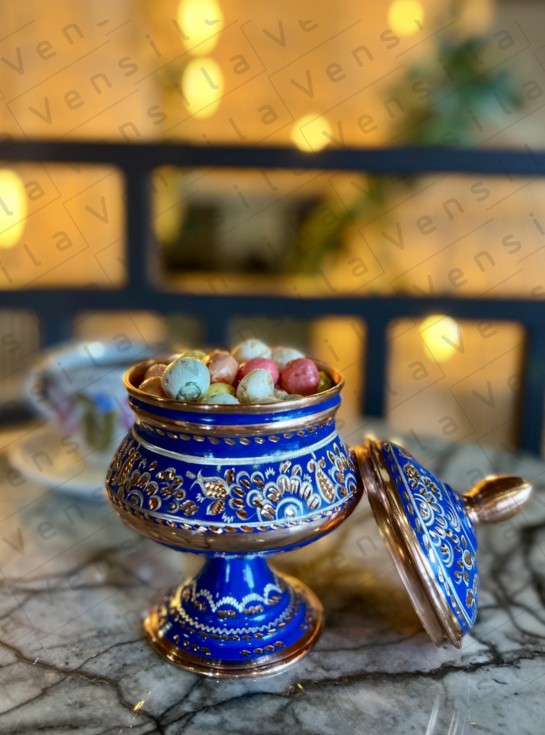 Vensila Copper Sugar Bowl With Lid || Handmade Patterned Candy Container || Housewarming Gift For Weddings And Christmas || Blue