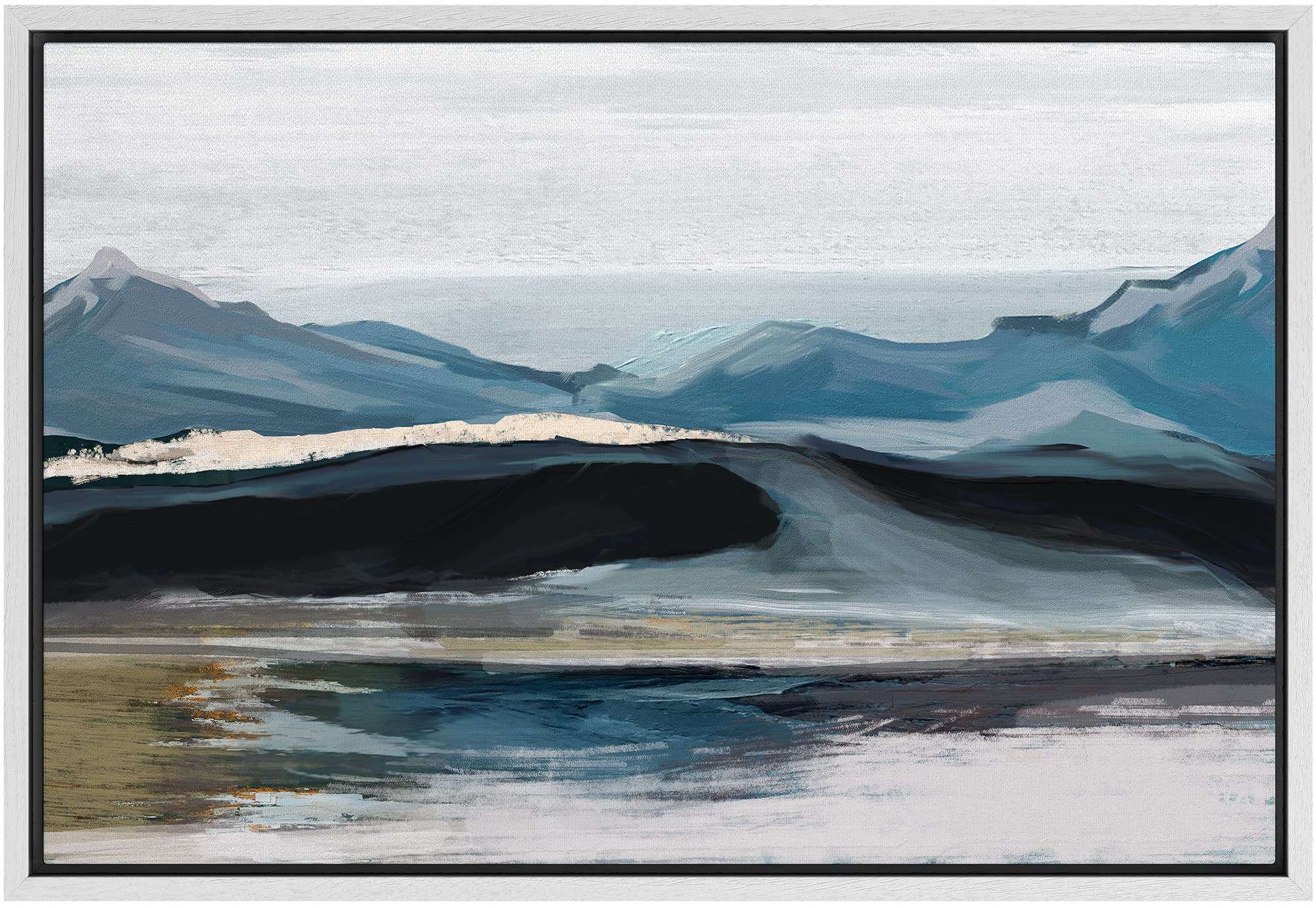 Signford Framed Canvas Print Wall Art Pastel Blue Scenic Mountain Range Nature Wilderness Illustrations Modern Art Rustic Zen La