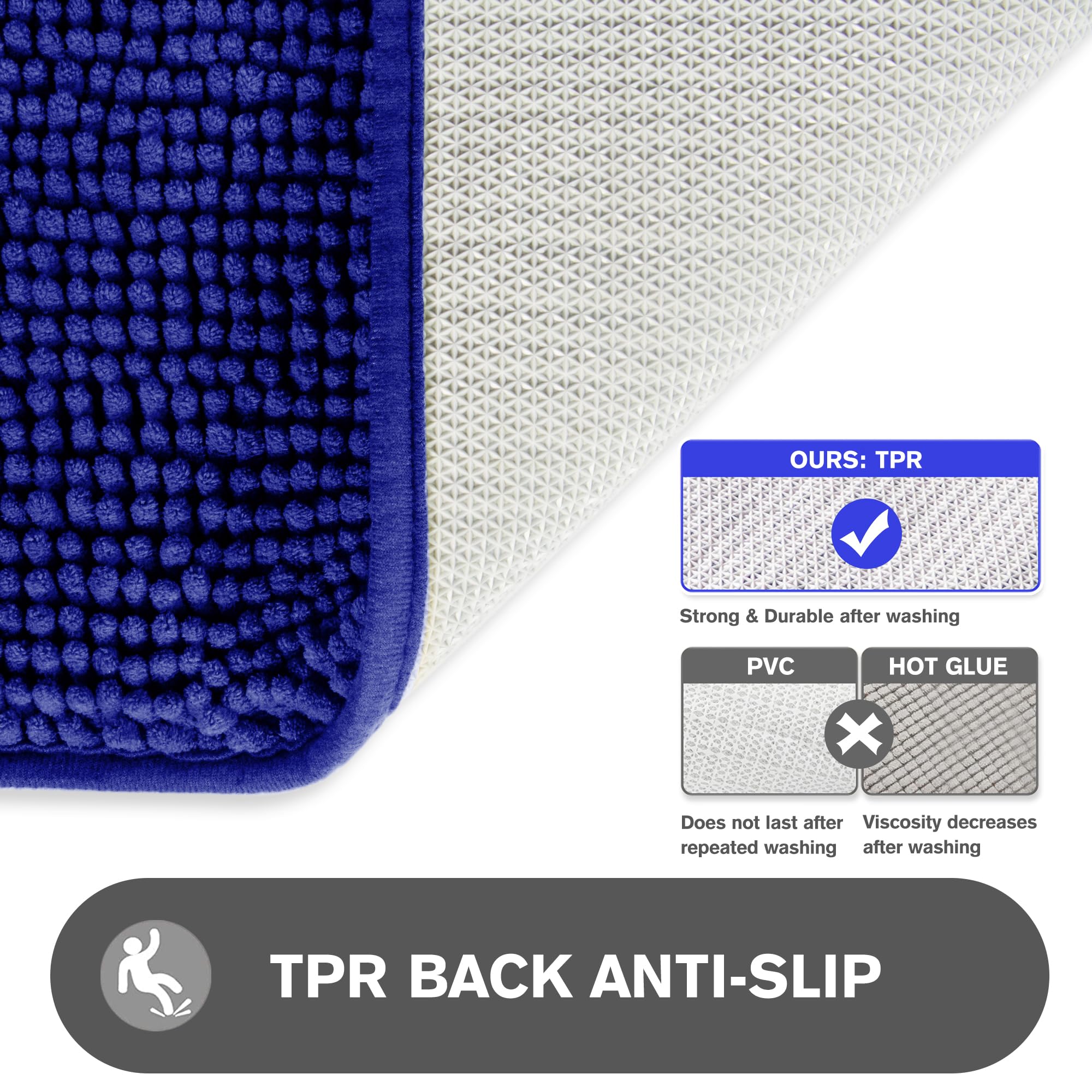 Pureswan Royal Blue Bathroom Rugs - Absorbent And Washable Bath Mat, Non-Slip, Thick Soft Chenille Bath Rugs For Bathroom Floor,