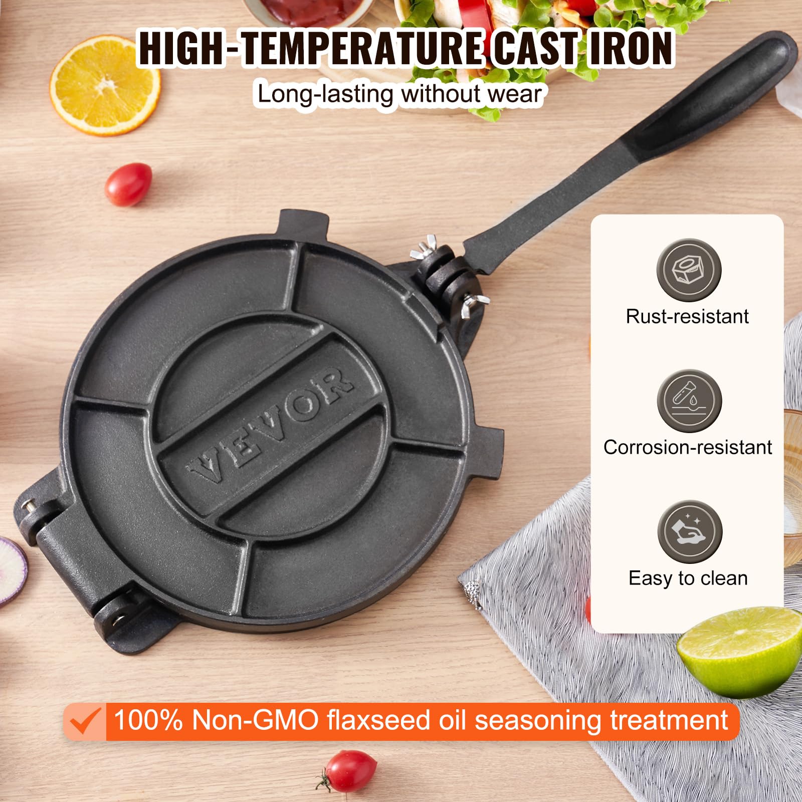 Vevor Tortilla Press, 10 Inch Tortilla And Roti Maker, Cast Iron Heavy Duty Tortilladora Press, Pre-Seasoned Pataconera Maker Wi