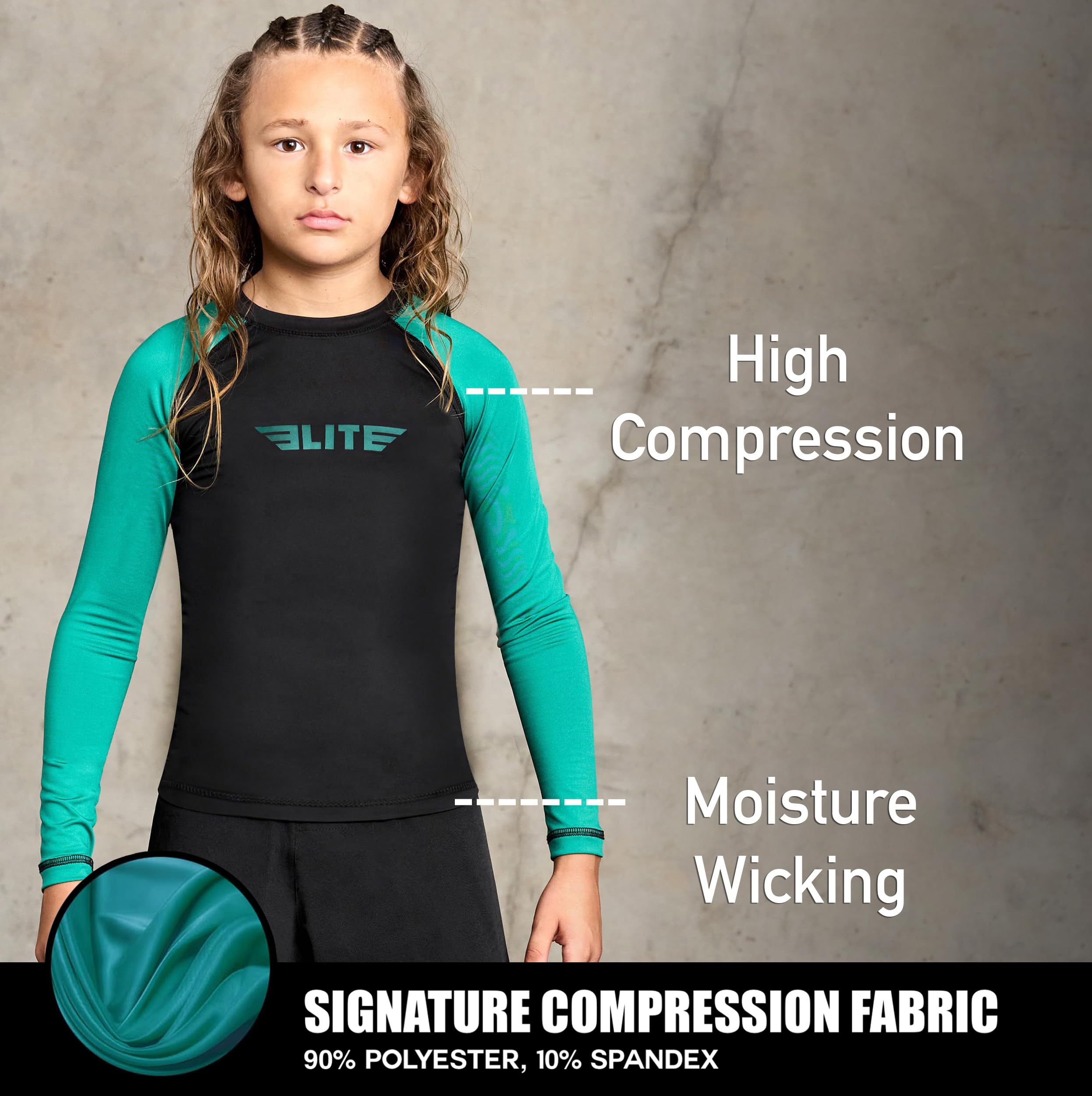 Elite Sports Rash Guards For Boys And Girls, Full Sleeve Compression Bjj Kids And Youth Rash Guard (Green, Small)