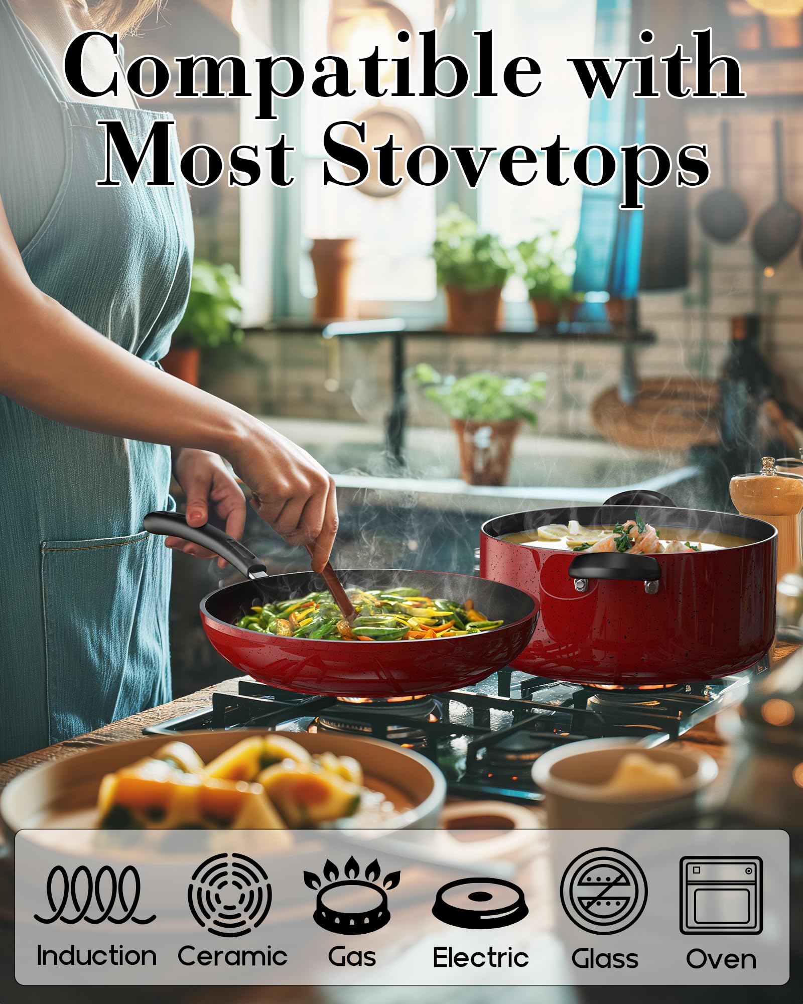 Cook N Home Nonstick Frying Pans Set 3 Piece, 8, 9.5, 11-Inch Kitchen Cooking Skillets Saute Fry Pan Induction Compatible, Marbl