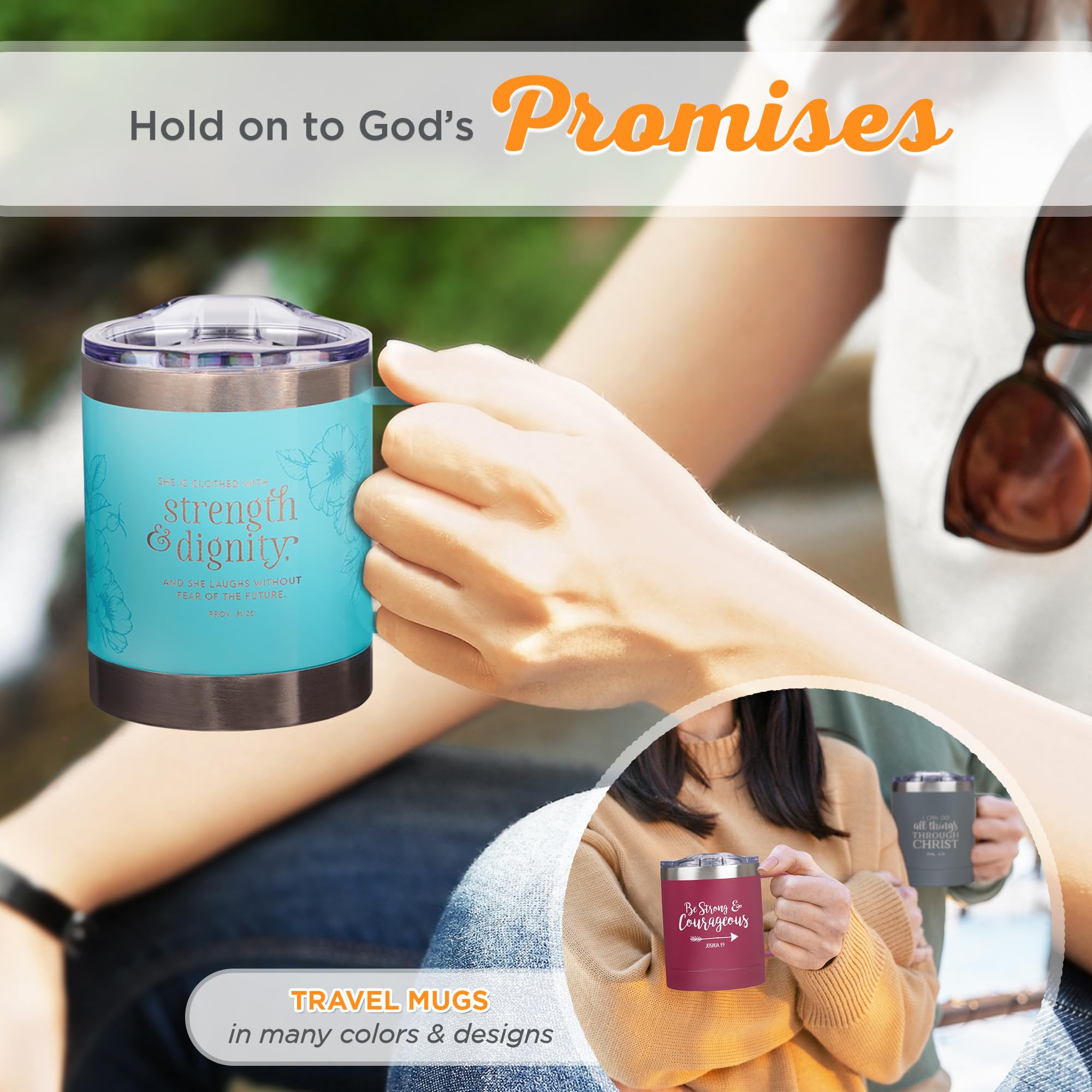 Christian Art Gifts Stainless Steel Double Wall Vacuum Insulated Camp Style Travel Mug 11 Oz Floral Teal Coffee Mug With Lid And