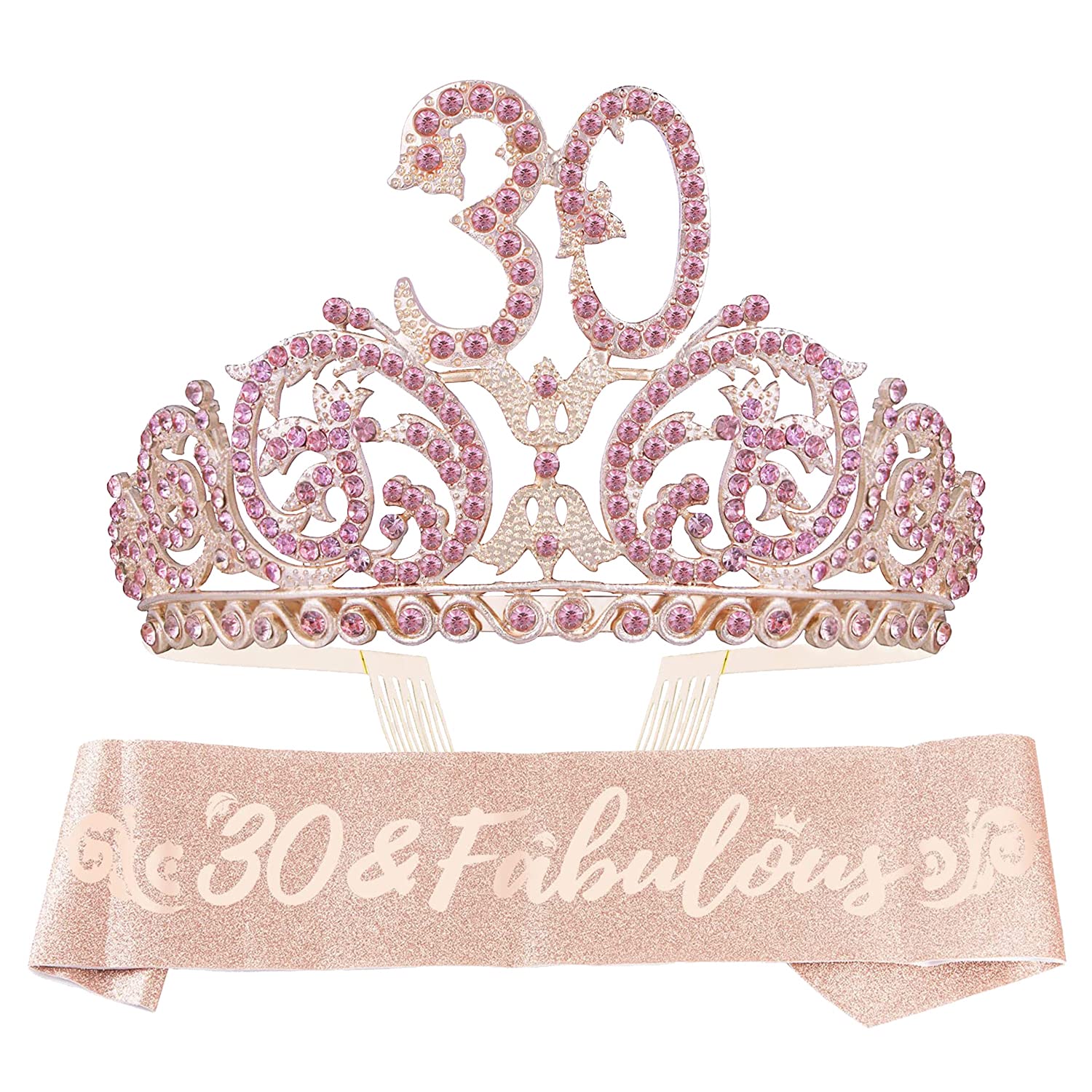 Doradreamdeko Pink 30Th Birthday Tiara And Sash For Women - Fabulous Glitter Sash + Forest Rhinestone Premium Metal Tiara - 30Th