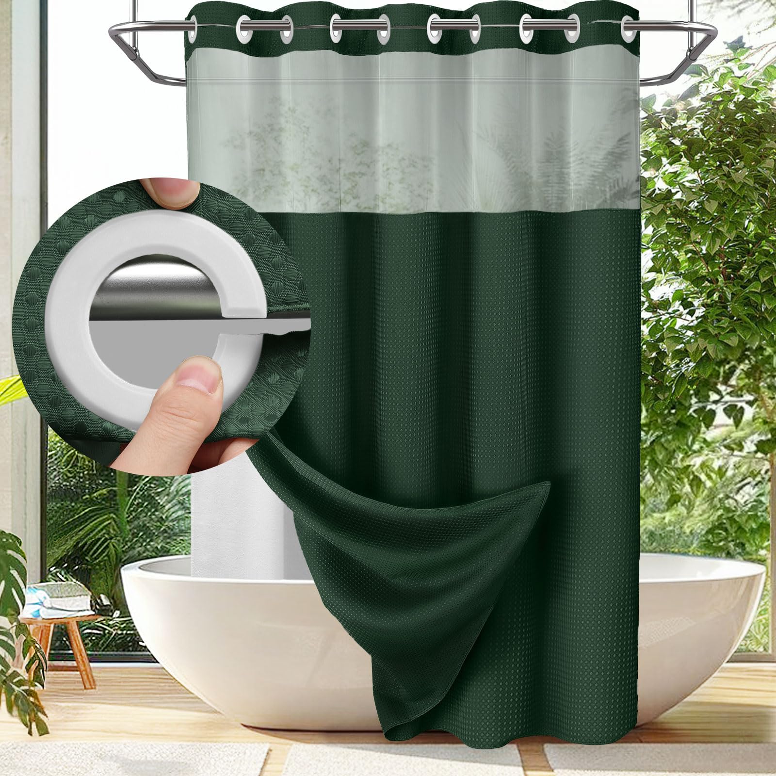 YellyHommy No Hook Shower Curtain with Snap in Liner Set Less Time Dark Green Waffle Shower Curtain for Bathroom 75 L x 72 W