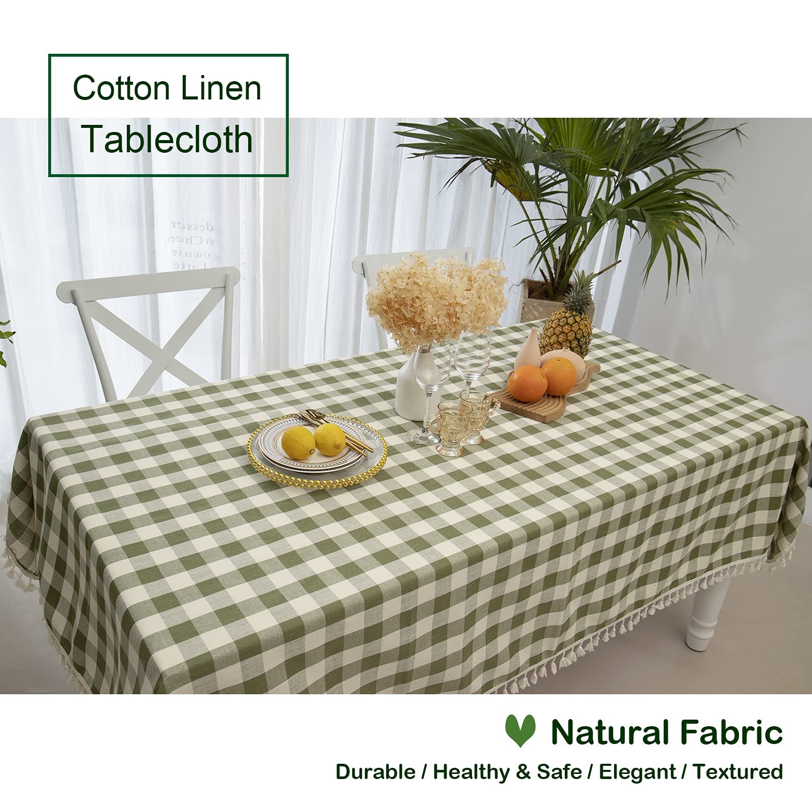 Midsummer Breeze Checkered Tablecloth Rectangle  Heavy Weight Wrinkle Free Cotton Linen Table Cloth Plaid Table Cover for Spring Summer Picnic Kitchen Dinner Restaurant Outdoor Party(55x84