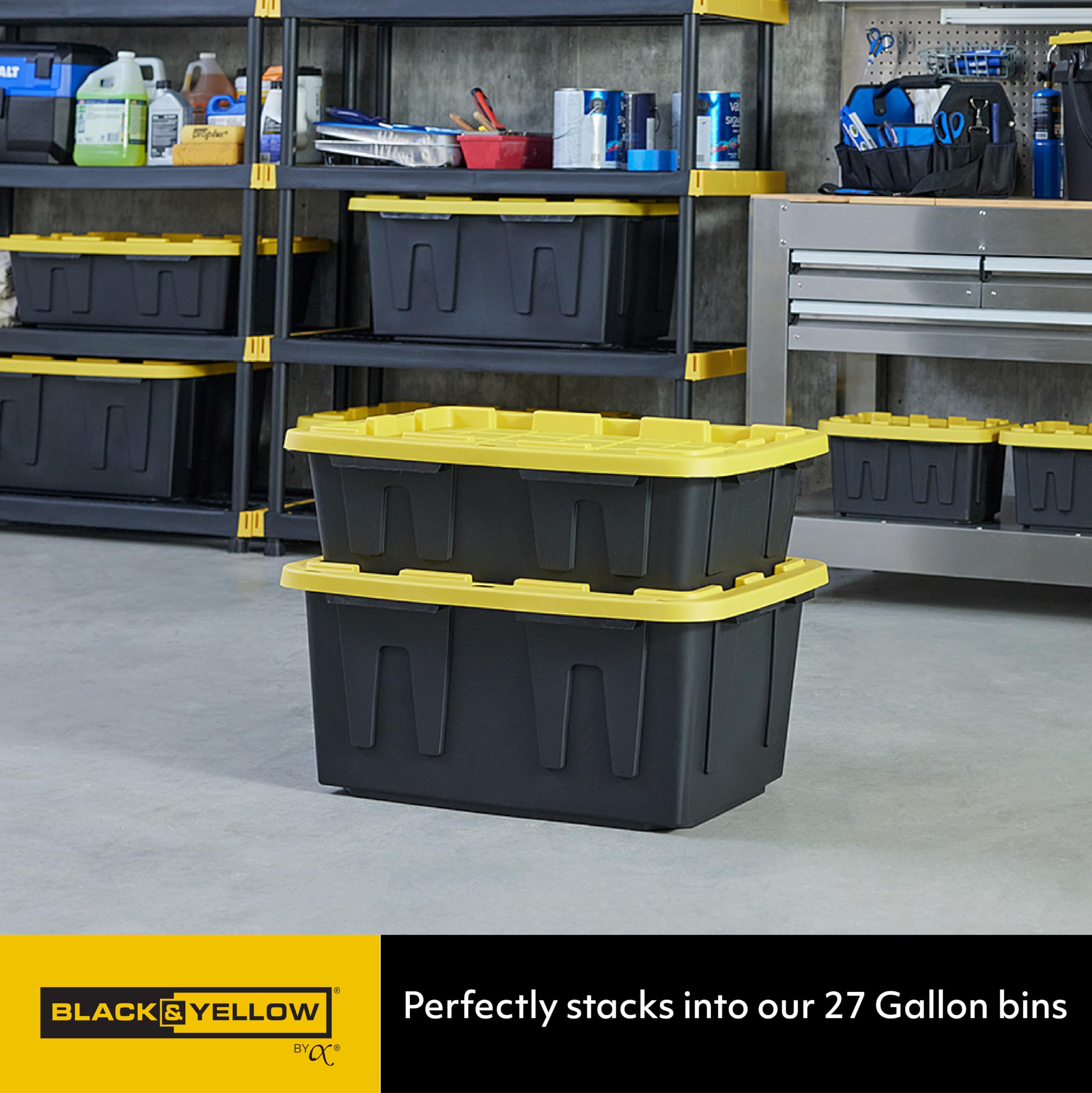 Cx Black & Yellow, 15-Gallon Heavy Duty Tough Storage Container & Snap-Tight Lid, (9.5   H X 20.6   W X 30.6   D), Weather-Resis