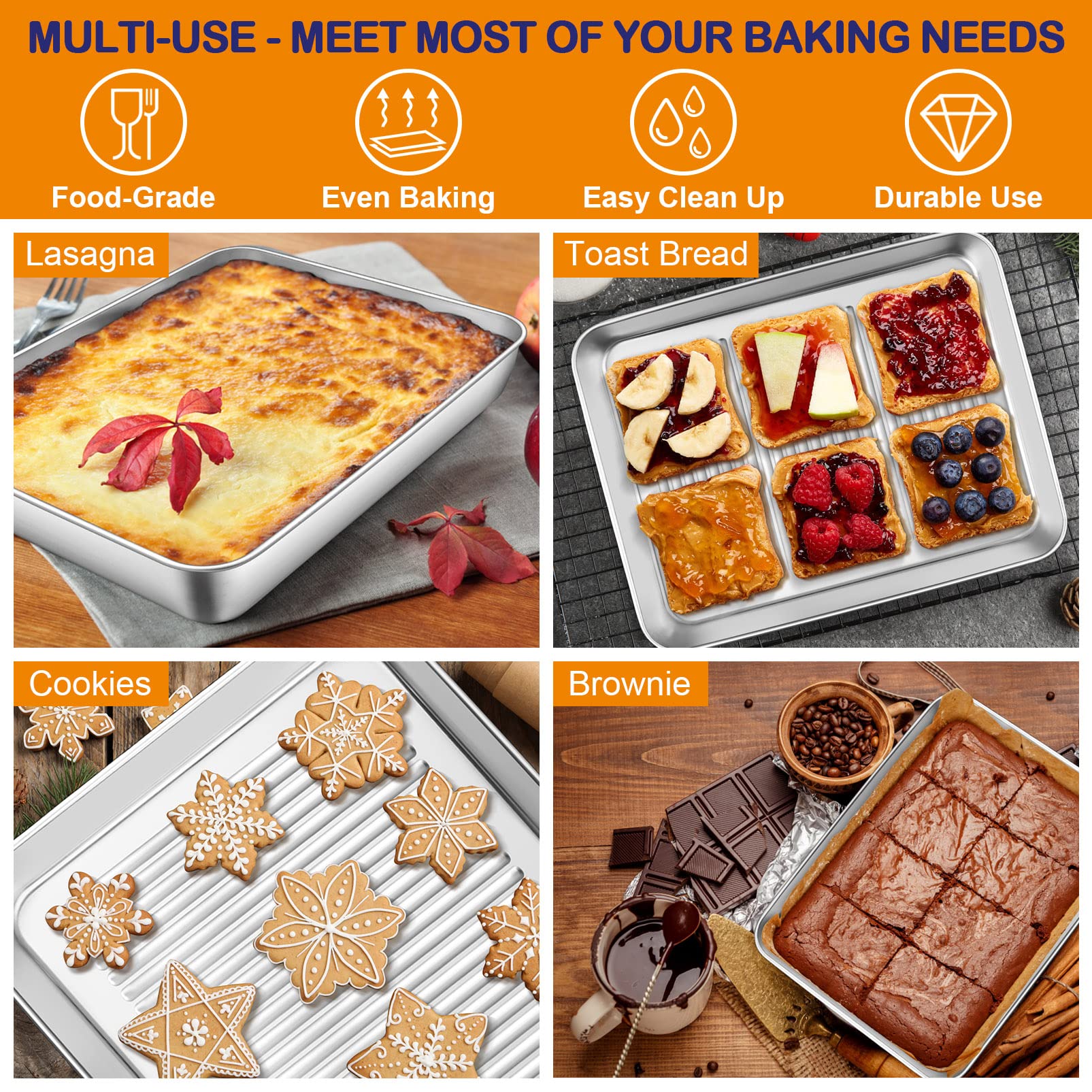 12.4 Inch Deep Baking Pan Set Of 2, P&P Chef Stainless Steel Sheet Cake Lasagna Pan For Toaster Oven, Rectangle Baking Trays For