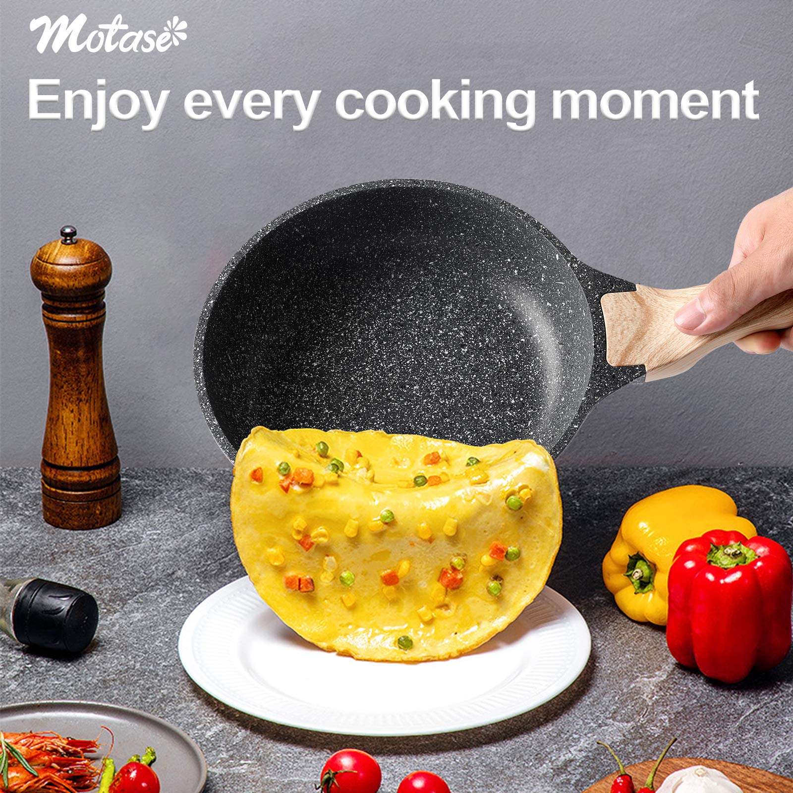 Motase 9.5 inch Nonstick Frying Pan Skillet  Granite Coating Omelette Pan  100% PFOA free Cookware Pan  Healthy Nonstick Stone Frying Chef's Pan Skillet