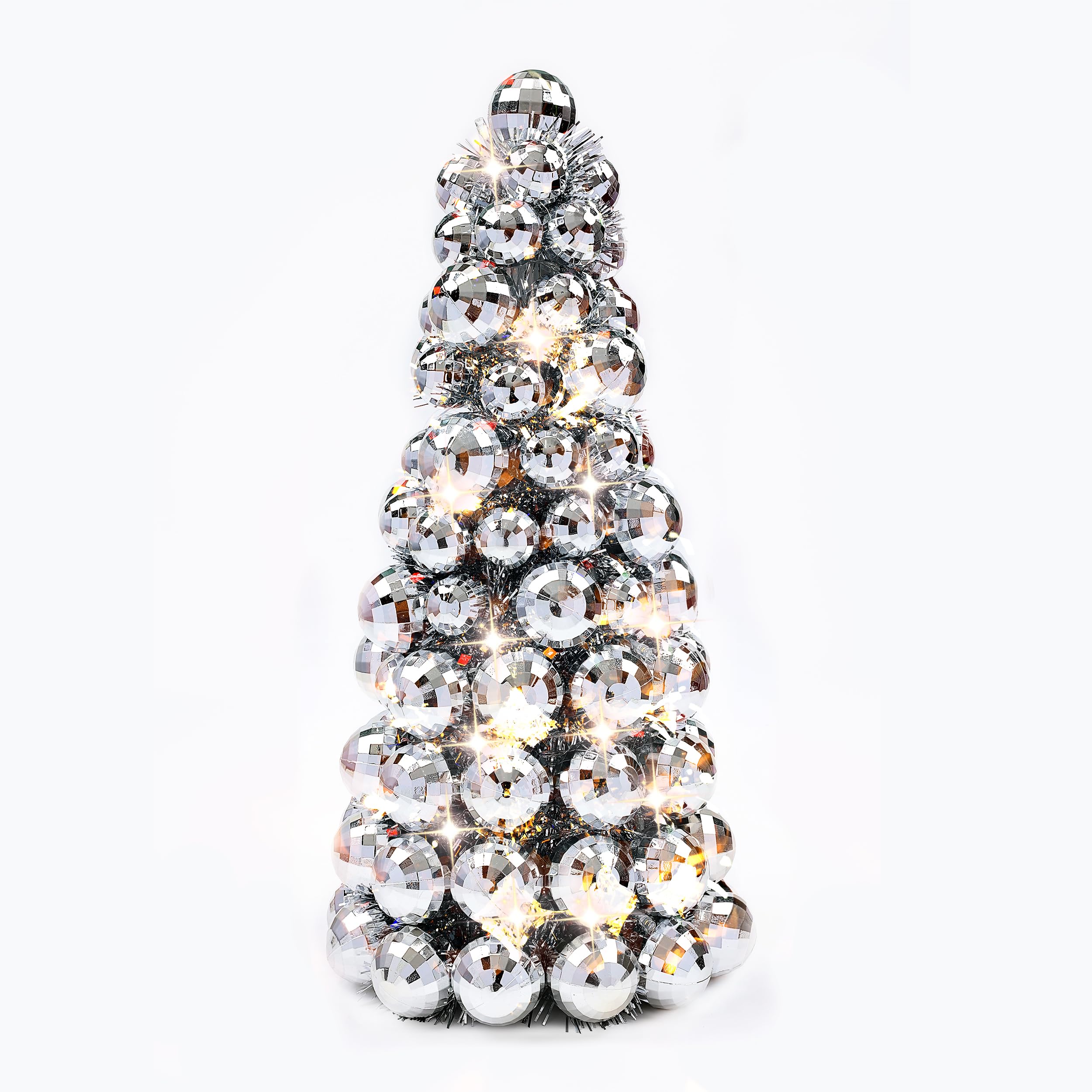 Amooca 16in Christmas Ball Tree with LED Lights Table Centerpiece Fireplace Decor Indoor Holiday Party Home Decoration Silver