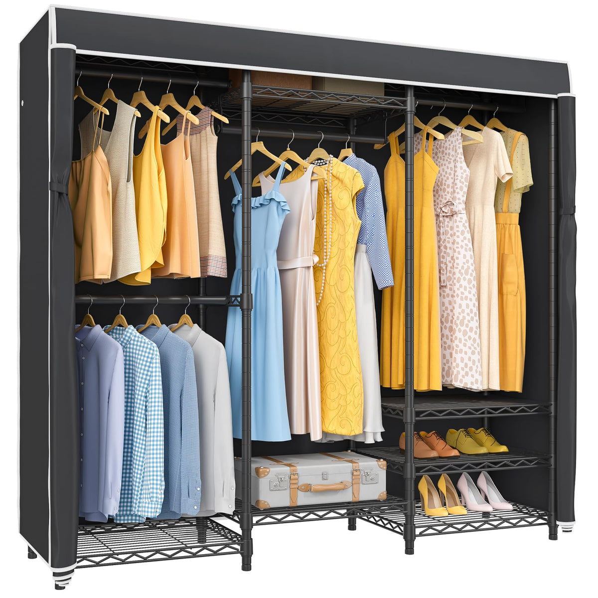 Vipek V5C Covered Clothes Rack Heavy Duty Portable Closet Wardrobe, Freestanding Black Metal Clothing Rack With Black Dustproof