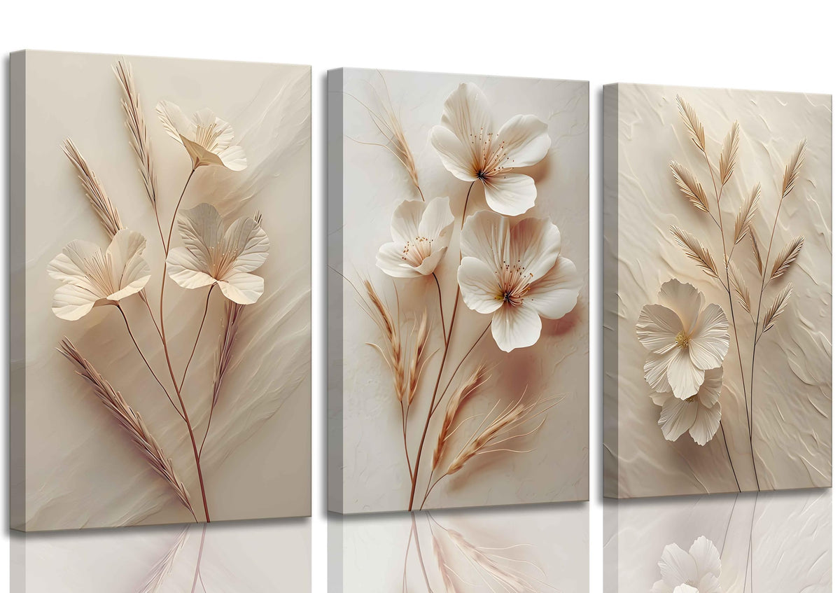 3Pcs Neutral Beige Floral Botanical Canvas Wall Art Modern Simple Text ...