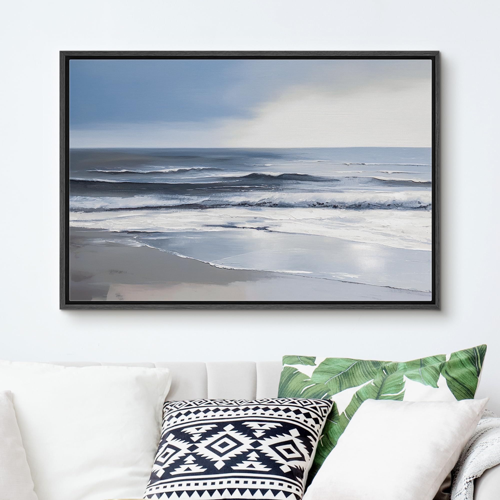 Signford Framed Canvas Print Wall Art Pastel Blue Ocean Beach Shore Nature Wilderness Illustration Minimalism Decorative Colorfu