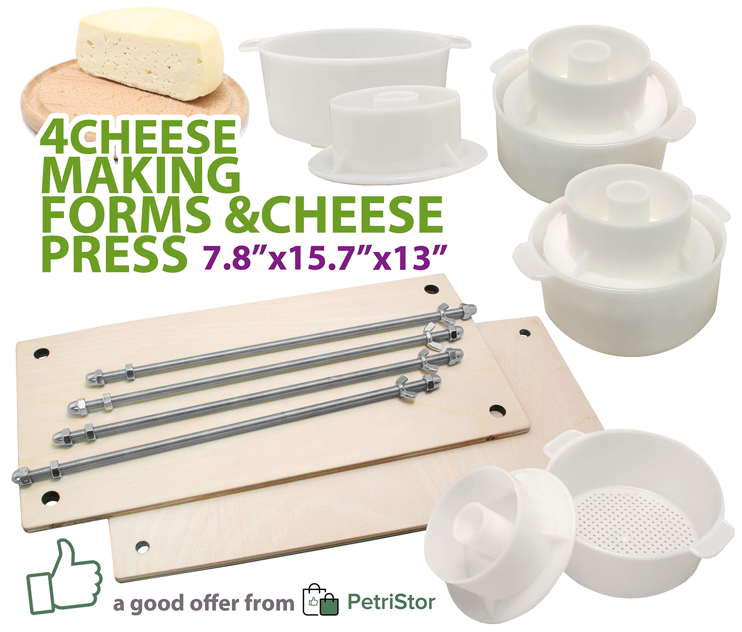 Petristor Wooden Cheese Press For Cheese Making Supplies 16In Metal Guides 13In And 4 Cheese Mold With Follower Piston 1.3Qt - L