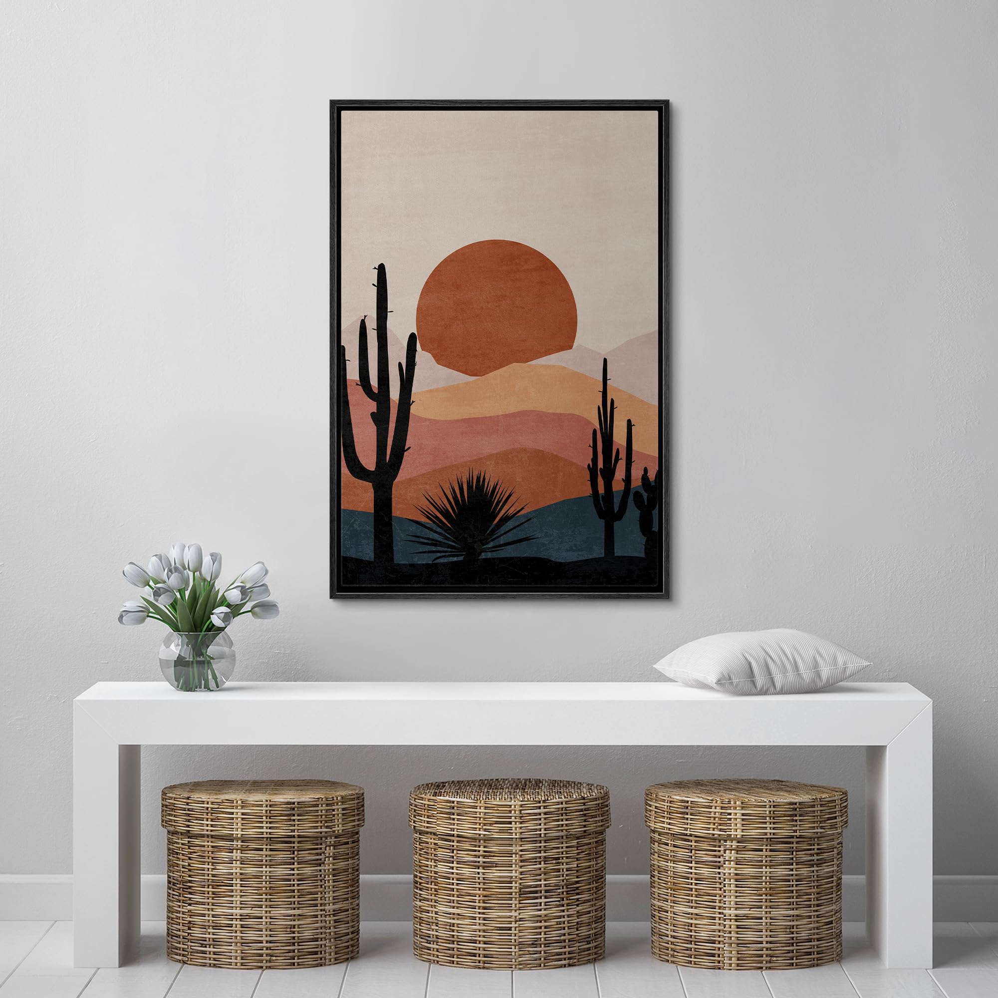 Signford Framed Canvas Print Wall Art Sunset In The Desert With Cacti Silhouettes Nature Wilderness Illustrations Modern Art Dec