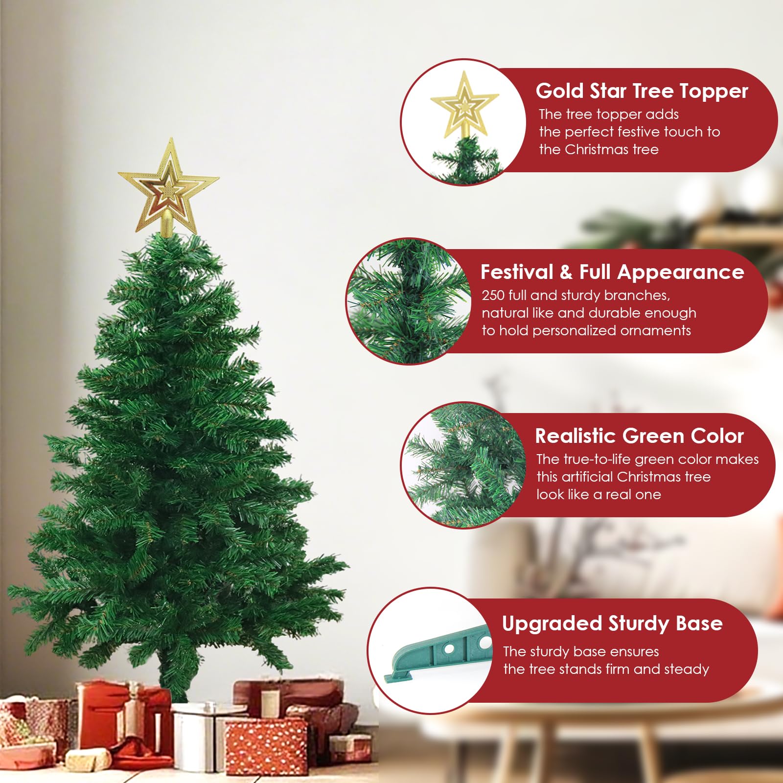 4FT Small Christmas Tree Christmas Decorations, 250 Branch Mini Chrismas Tree with Foldable Stand, Artificial Xmas Tree Christma