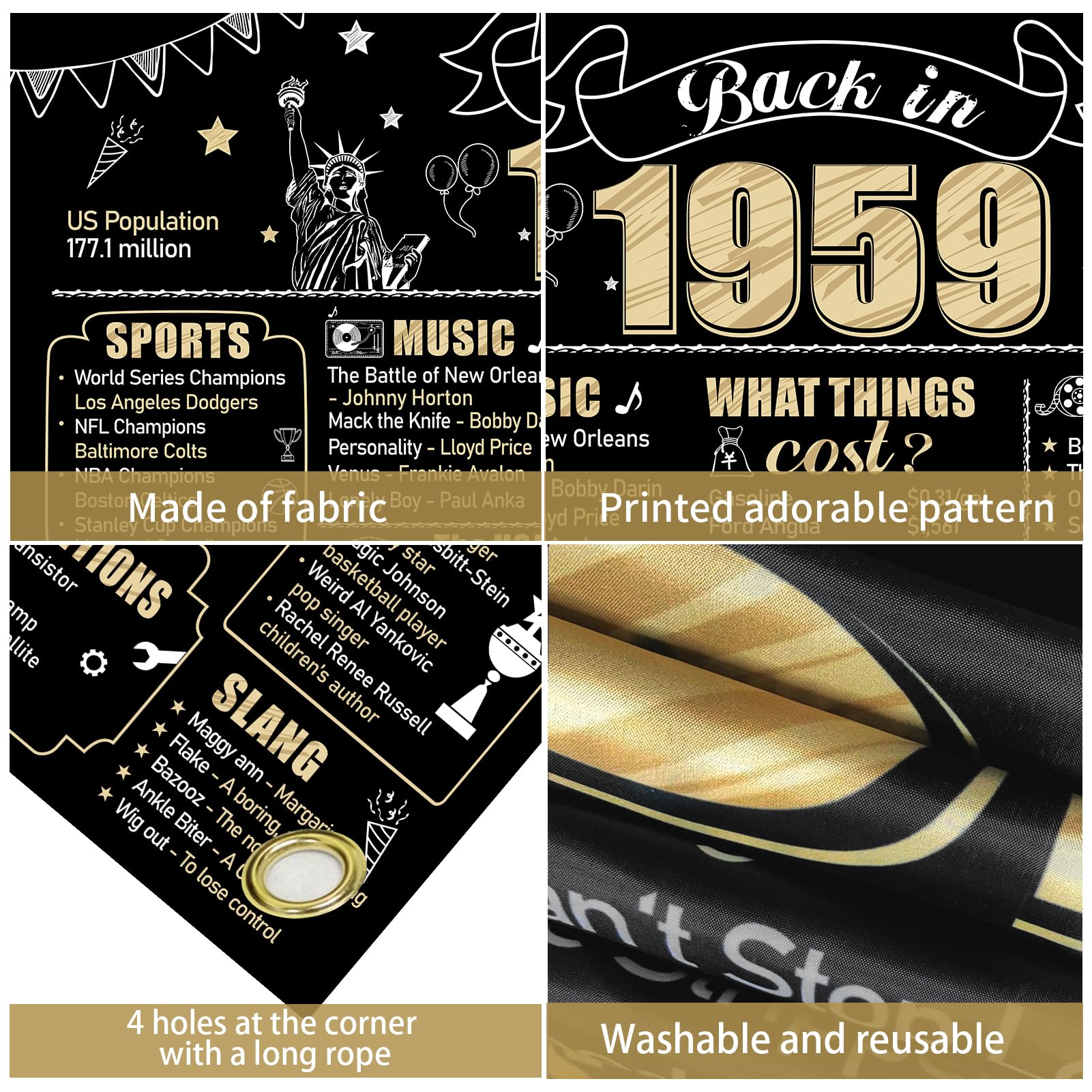 Eiurteao 65Th Birthday Decorations Back In 1959 Banner Backdrop For Women Men, Black Gold Happy 65 Birthday Sign Poster Party Su