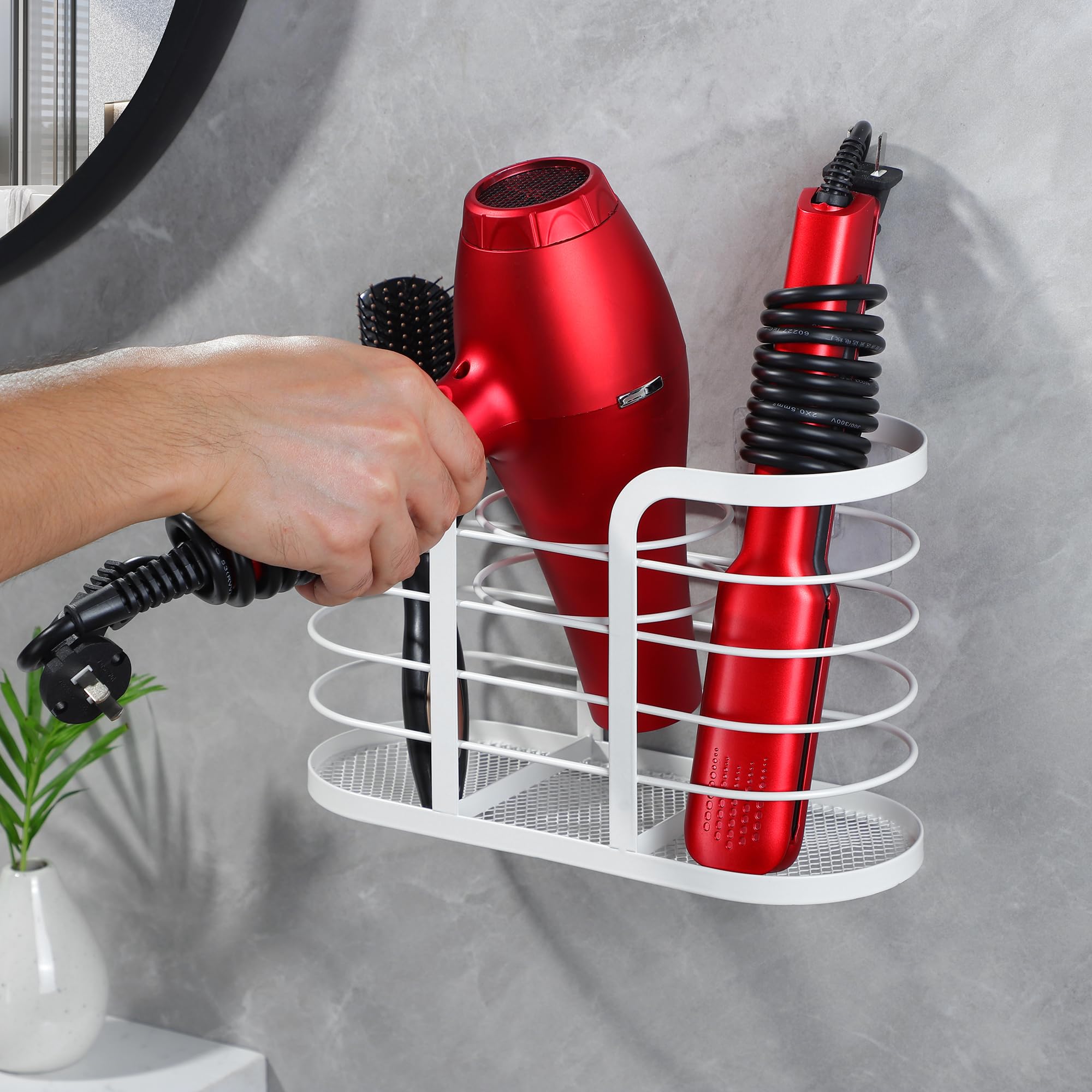 Yigii White Hair Dryer Holder - Adhesive Blow Dryer Holder/Hair Tool Organizer Bathroom Organizer Stick On Wall Mounted Multi-Fu