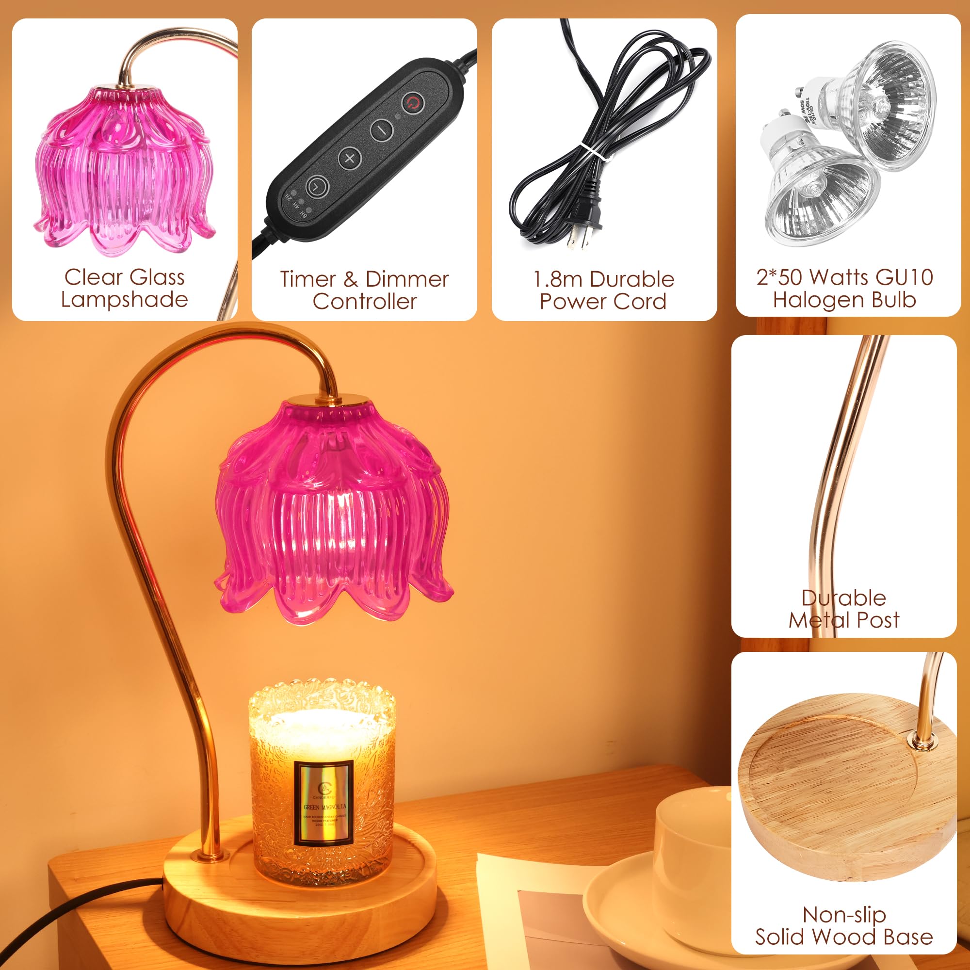 Merrtody Vintage Flower Candle Warmer Lamp with Timer & Dimmer - Lotus Candle Lamp Warmer - Fits All Jar Scented Candles