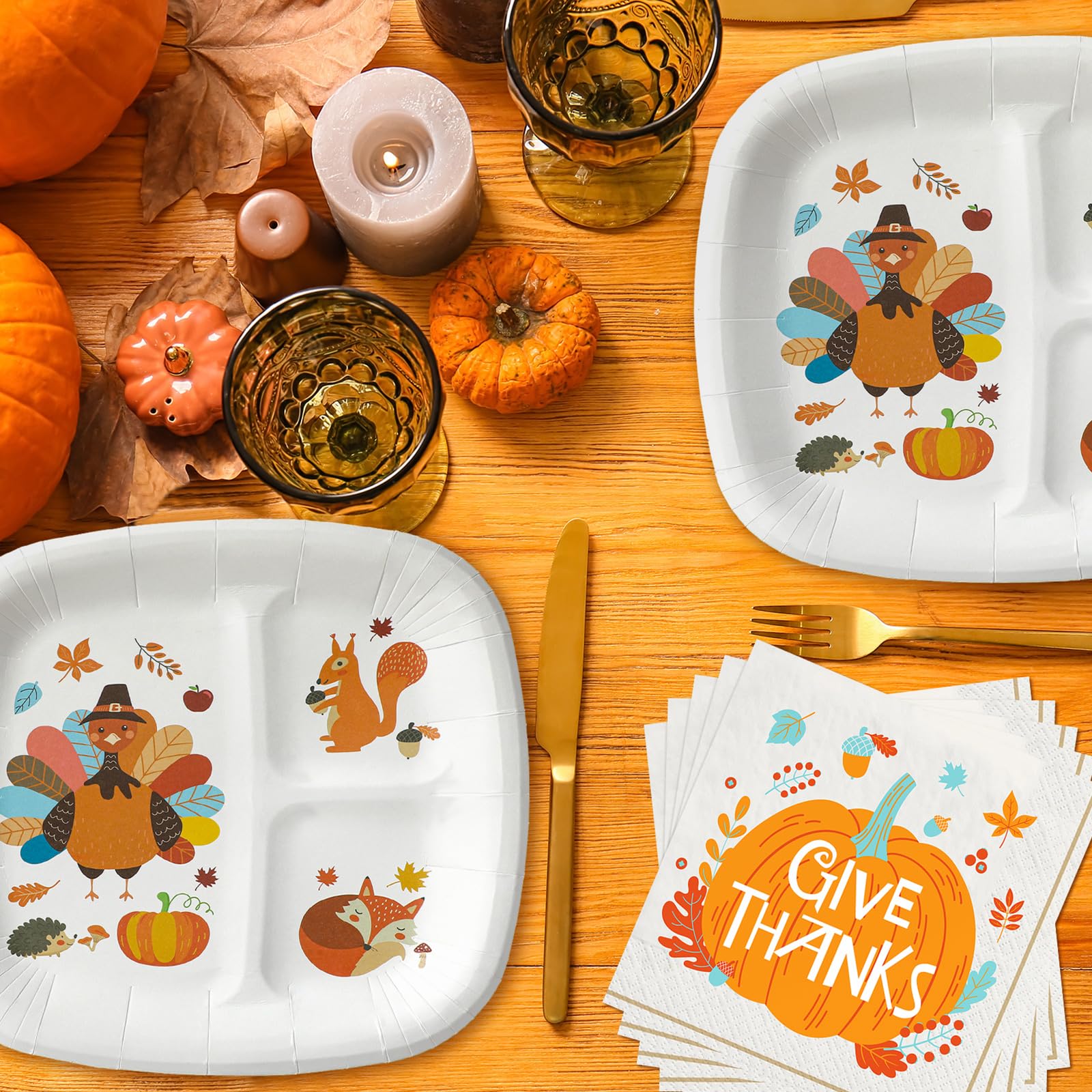 Havawish 60 Pack Thanksgiving Divided Plates for Kids and Napkins Set 24 Pcs Happy Turkey Day Paper Plates 36 Pcs Give Thanks Di