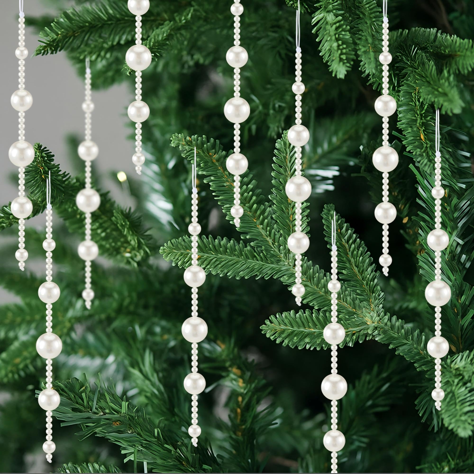Leyndo 24 Pcs Christmas Pearl Ornament White Beads Christmas Tree Decorations Faux Pearl Hanging Ornament for Indoor Outdoor Xma