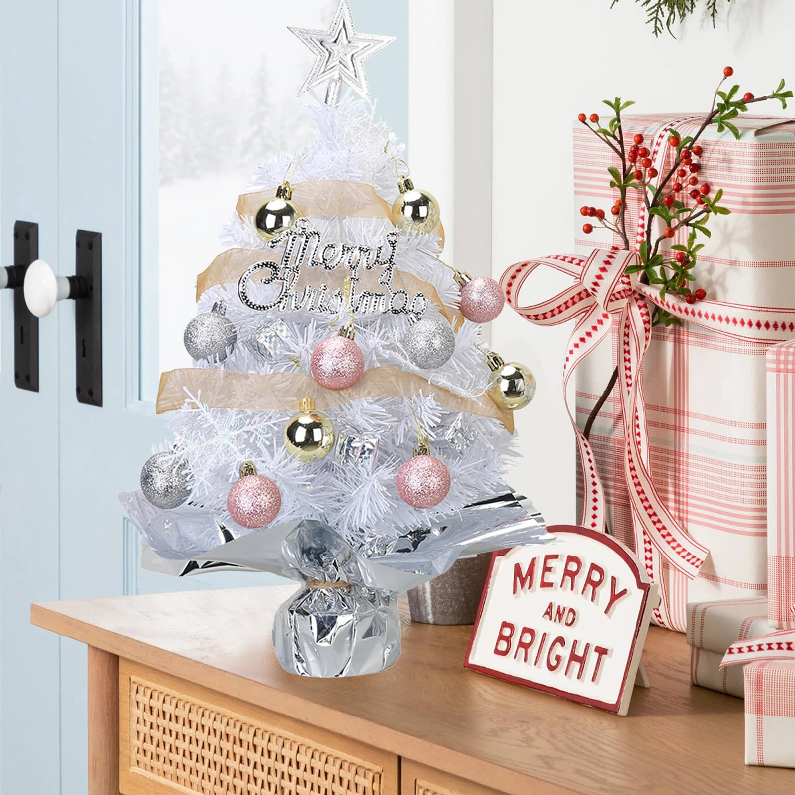 Small Mini Table top Christmas Tree with 50 LED Lights 24 Inch /2FT Little Prelit Christmas Tree Decorated Gift Boxes and Hangin