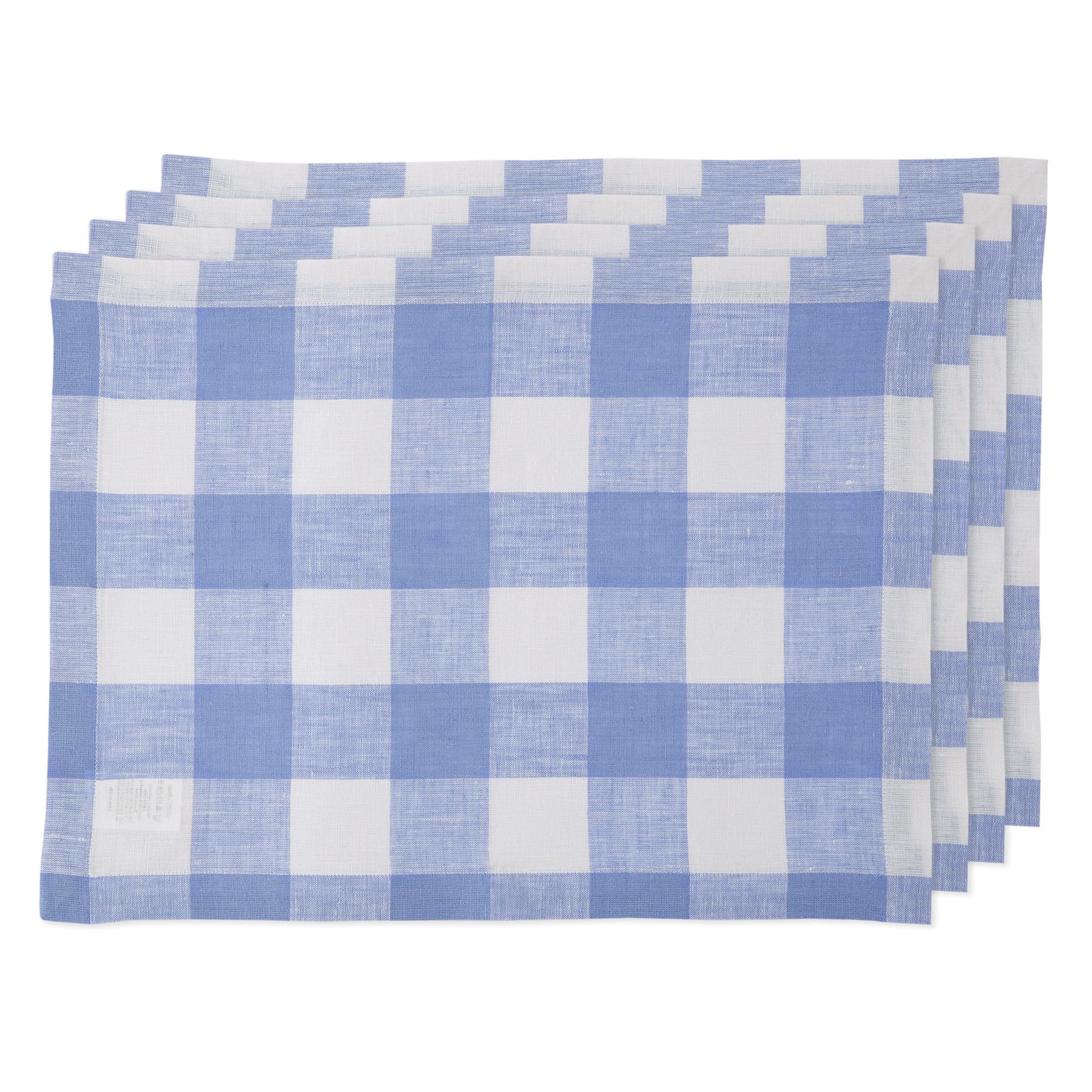 Solino Home Buffalo Check Linen Placemats 19'' L X 14'' W Inch - 100% Pure Linen Hydrangea Blue Plaid Cloth Placemats Set Of 4 -