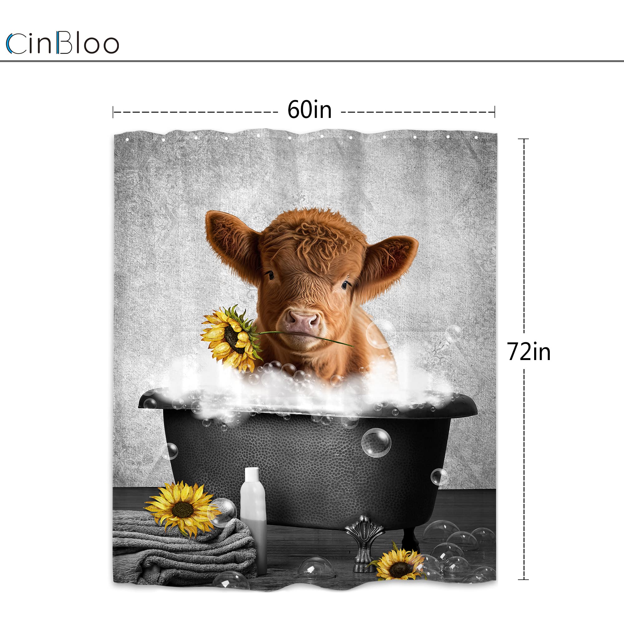 Cinbloo Farmhouse Grey Highland Cow Shower Curtain 60Wx72H Country Western Cute Cattle Bathroom Curtain Funny Calf With Sunflowe
