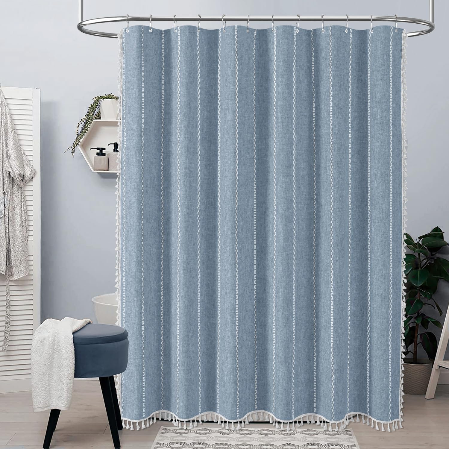 Bttn Extra Long Shower Curtain, 96 Inch Boho Rustic Striped Fabric Shower Curtain Set With Tassel, Water Resistant, Large Bohemi