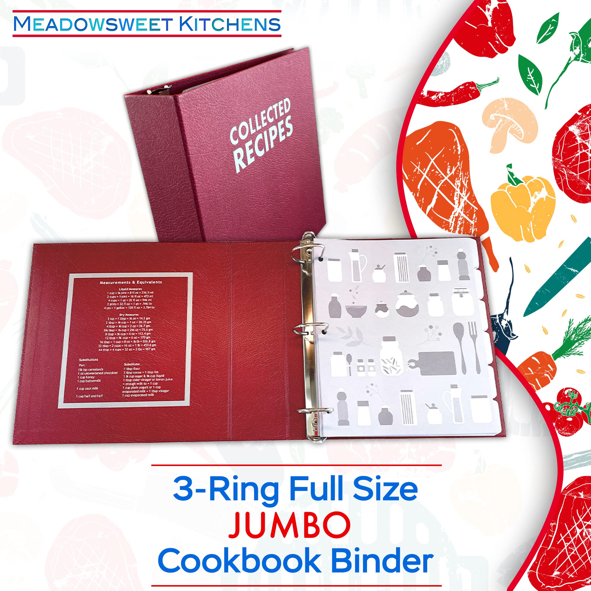 Extra Large Recipe Binder with Dividers and Labels - Recipe Cookbook Album for Full Size Recipes  Recipe Cards  Recipe Clippings - 3-Ring Full Size Jumbo Organizer from Meadowsweet Kitchens