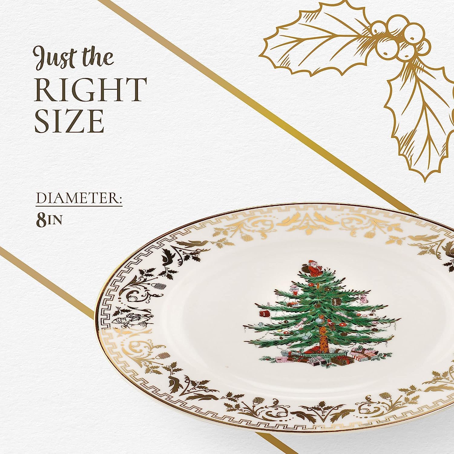 Spode Christmas Tree Gold Salad Plate | Plate For Salad, Pasta, Appetizer, And Dessert | Christmas Dinnerware Made Of Fine Porce