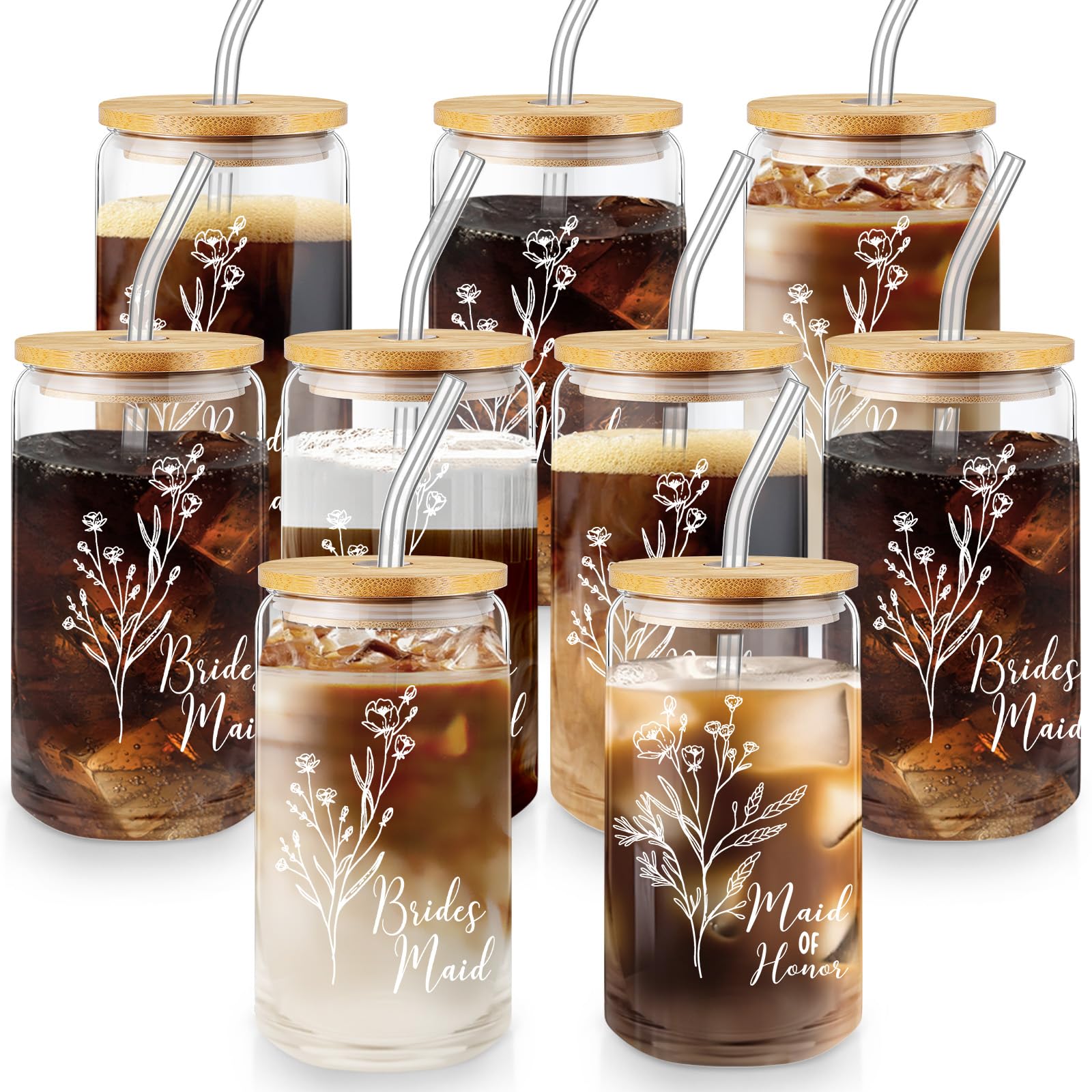 Layhit 9 Pcs Bridesmaid Gifts Bridesmaid Proposal Gifts 16 Oz Cute Can Shaped Drinking Glasses with Bamboo Lids and Glass Straw 